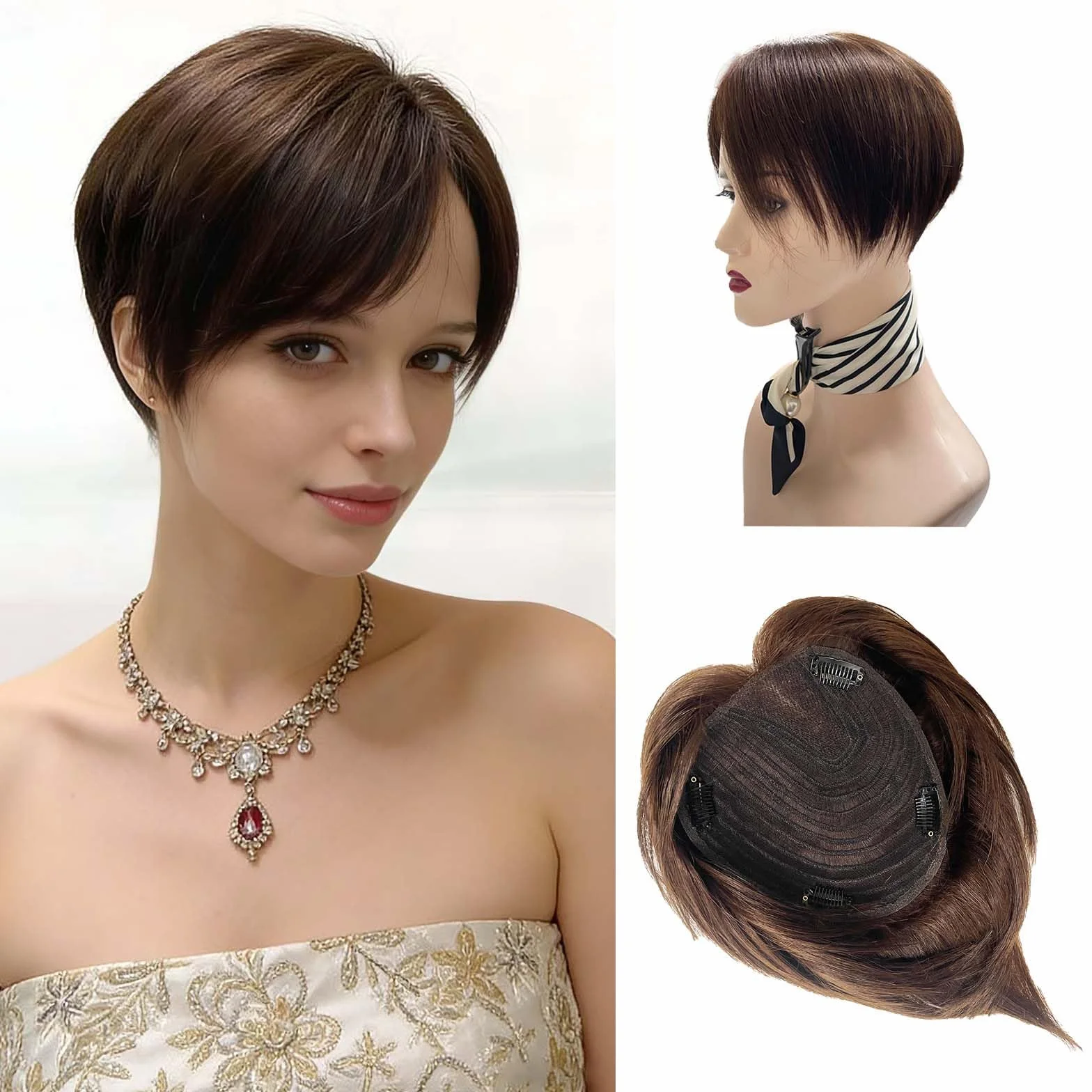 Extensiones de cabello humano para mujeres con adelgazamiento de 16 x 18 cm, gran cobertura de cabello con clip para uso diario, cobertura de pelo gris, castaño medio
