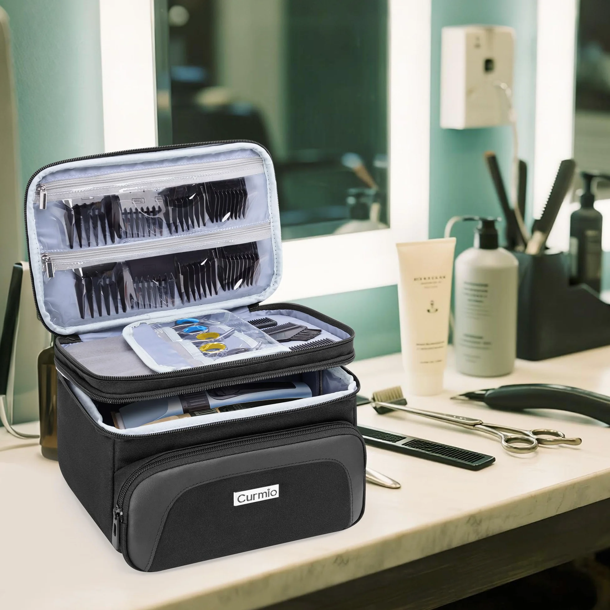 CURMIO Maletín Profesional 2 Niveles para Cortapelos, Organizador Portátil Compatible con Hatteker/Wahl/Oster/Andis Máquinas y Accesorios Barbería, Solo Bolsa, Negro