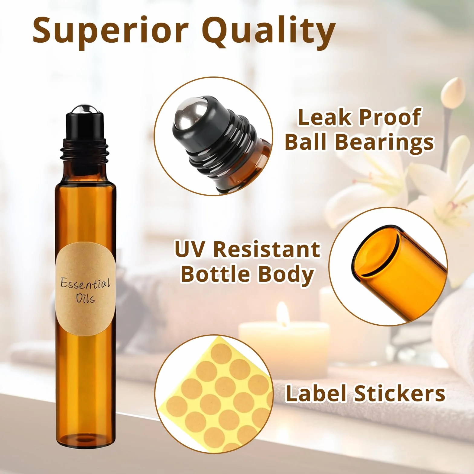 Botellas Roll On Cristal 10ml con Bola de Acero Inoxidable, Rellenable para Aceites Esenciales y Perfumes