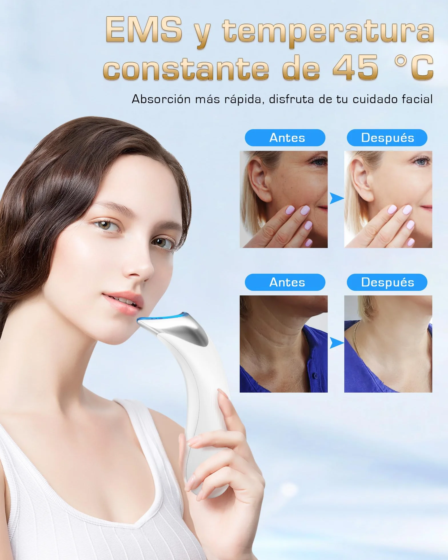 Masajeador Facial Electrónico Cara: Antiarrugas y Belleza con Calefacción de 45℃, Reductor de Papada para Mujer, Máquina de Belleza LED EMS Lifting para Líneas del Cuello