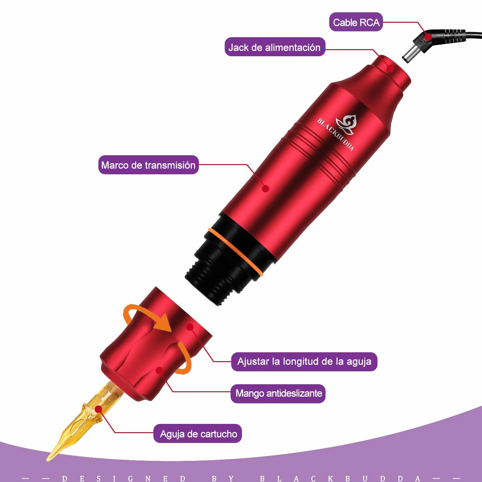 Blackbudda Maquina de Tatuar, Kit de máquina de tatuaje rotativa estilo pluma con suministro de energía, pedal y pigmento, 20pcs agujas de cartucho Kit de práctica de maquillaje (rojo)