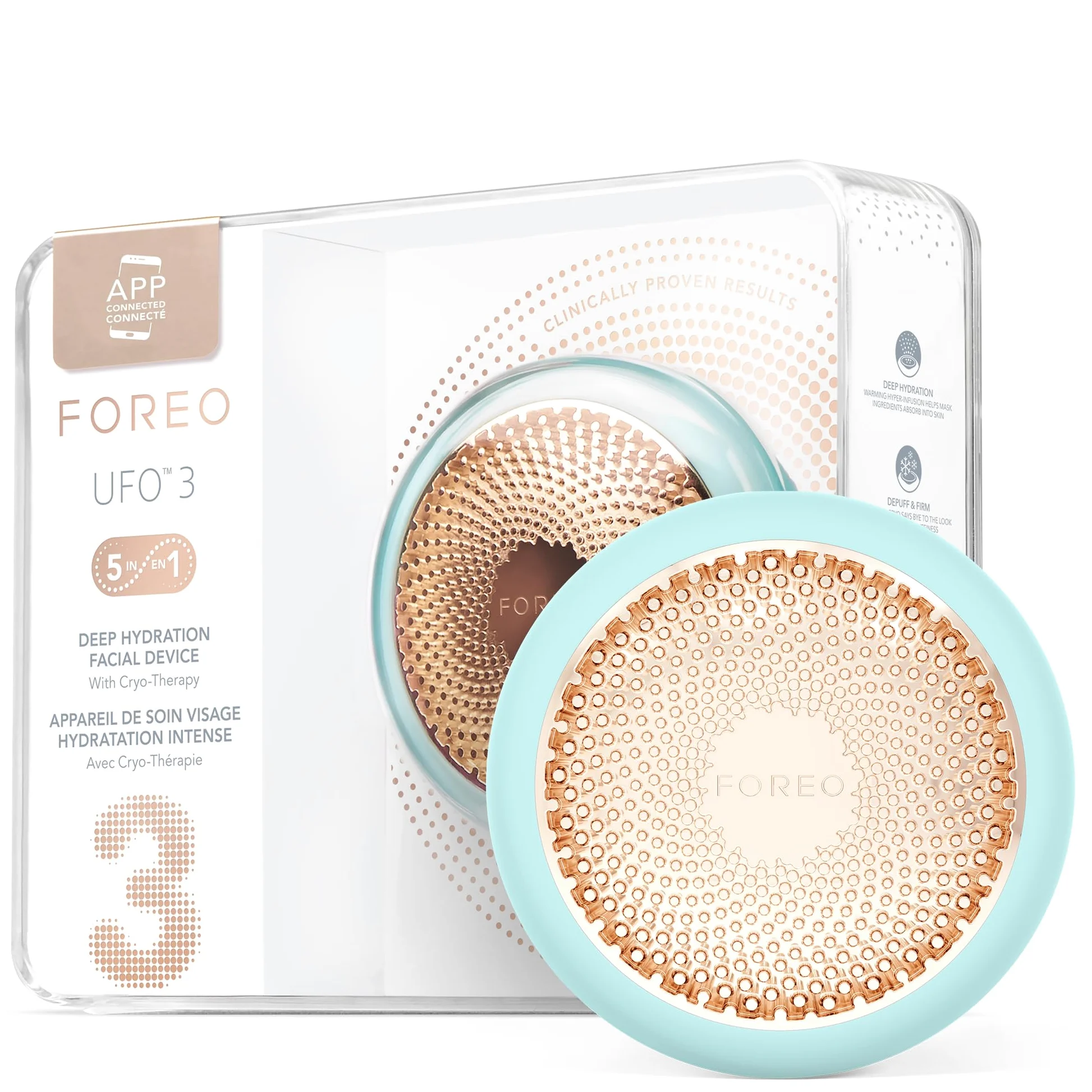 FOREO UFO 3, hidratación facial profunda, Spa facial 5 en 1, Terapia con luz LED roja, termoterapia, crioterapia, masajeador facial T-Sonic, cuidado facial antiedad, Arctic Blue | Mascarilla LED, Mascarilla luz roja, Cuidado facial, Calentamiento, Enfriam