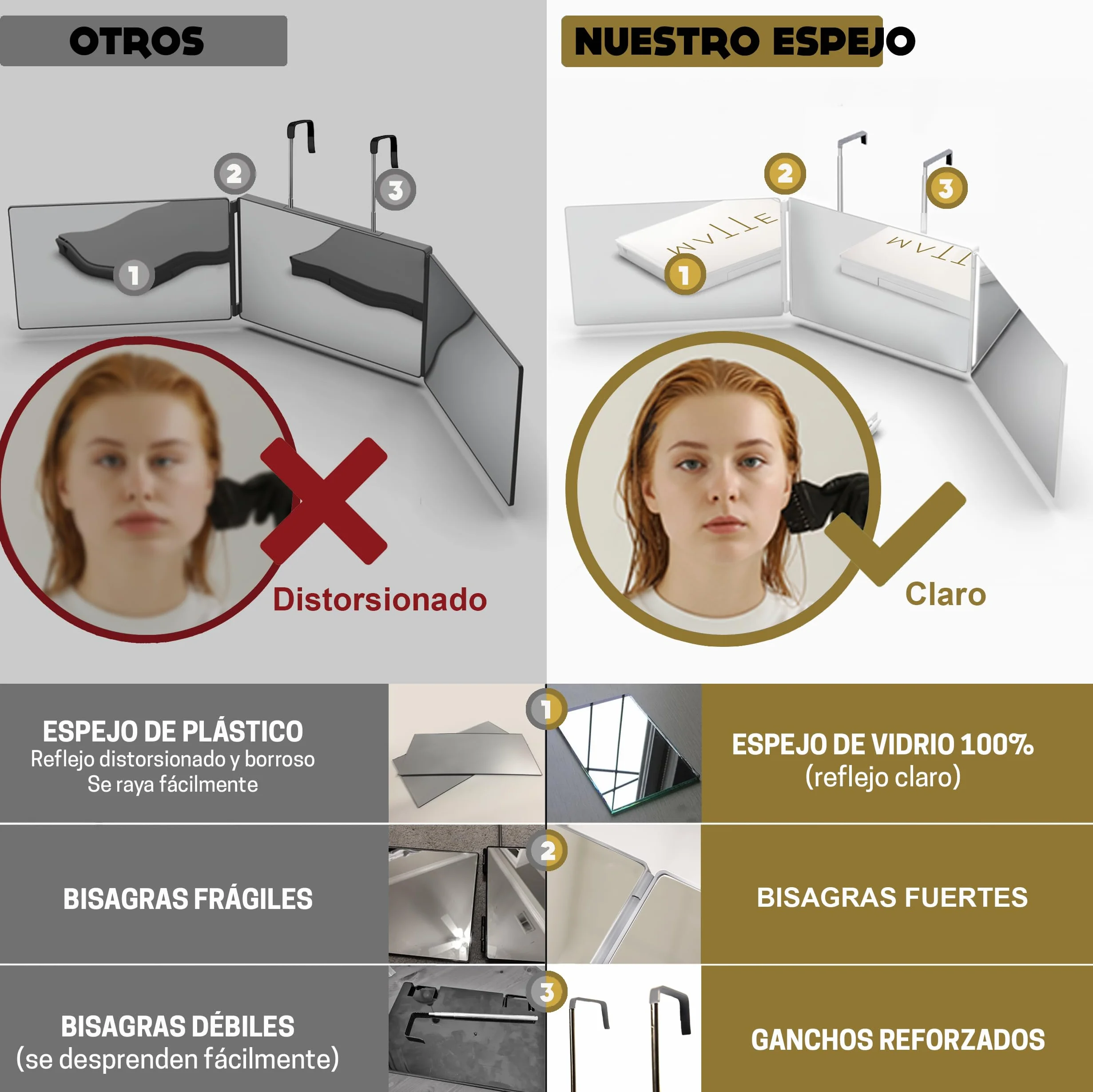 Espejo de 360 grados plegable 3 lados para peluquería, altura ajustable con ganchos