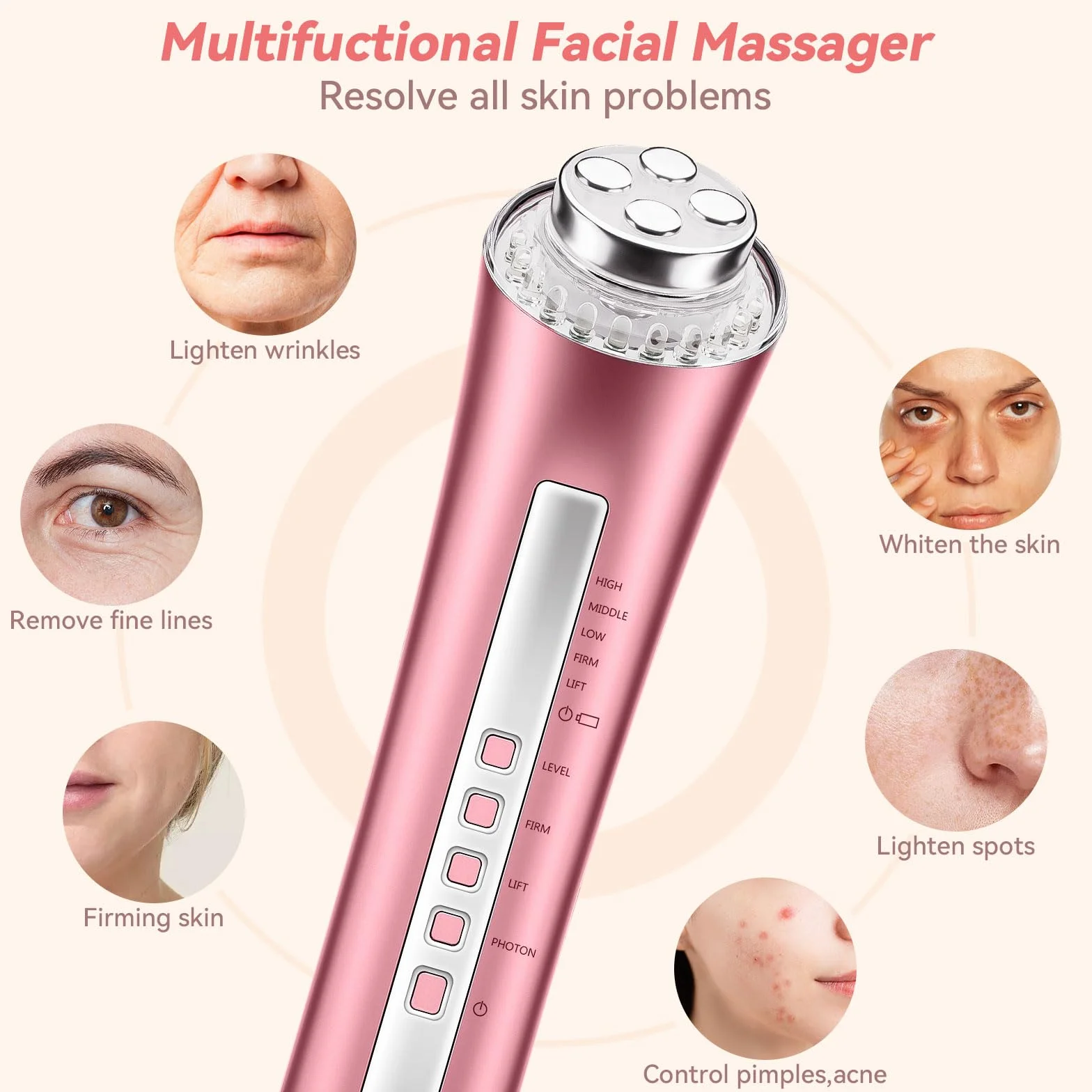 CARER BEAUTY Dispositivo de Radiofrecuencia Facial Masajeador Facial Contra las Arrugas y 3 Terapias de Luz LED para Reducir las Líneas Finas Reafirmar la Piel y Anti-Envejecimiento
