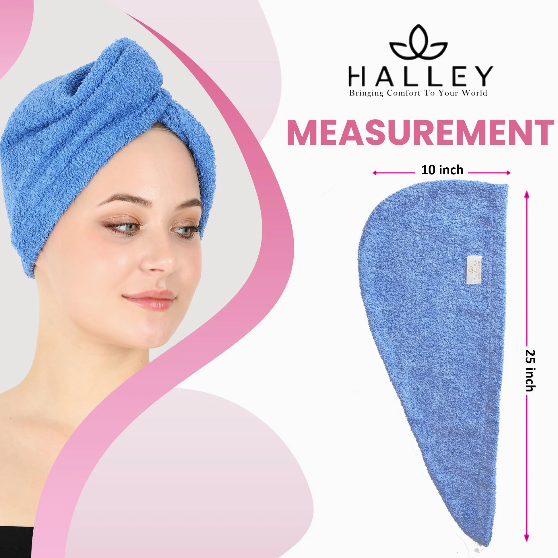 HALLEY Toalla de algodón para el cabello, 3 paquetes, súper absorbente, antiencrespamiento, de secado rápido, para cabello rizado, largo y grueso, turbantes para cabello húmedo con botón, toalla para