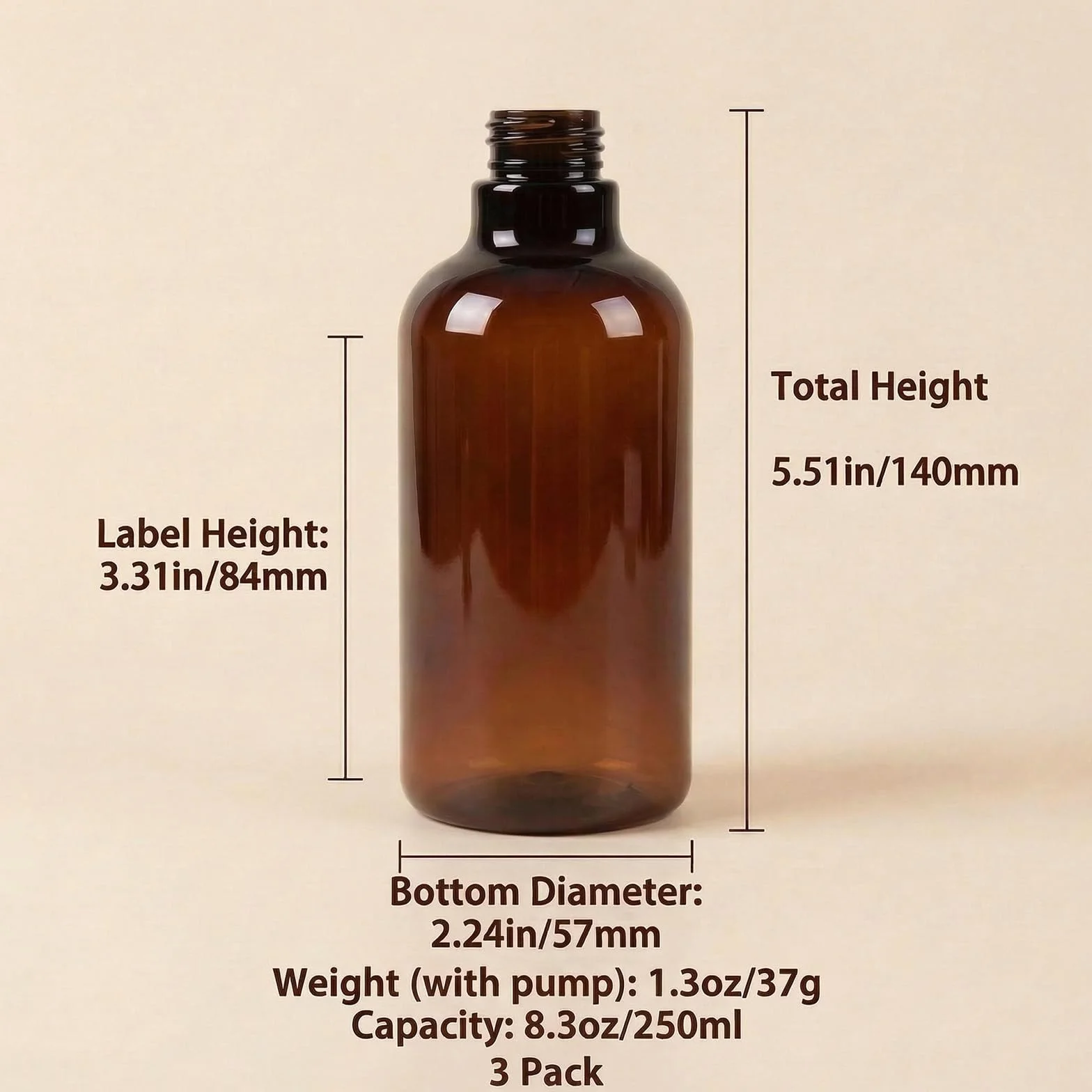 3 Botellas Recargables de plástico de 250ml Color marrón ámbar con Bomba Negra vacía envases de artículos de tocador para champú acondicionador de Pelo Gel de Ducha dispensadores de lociones