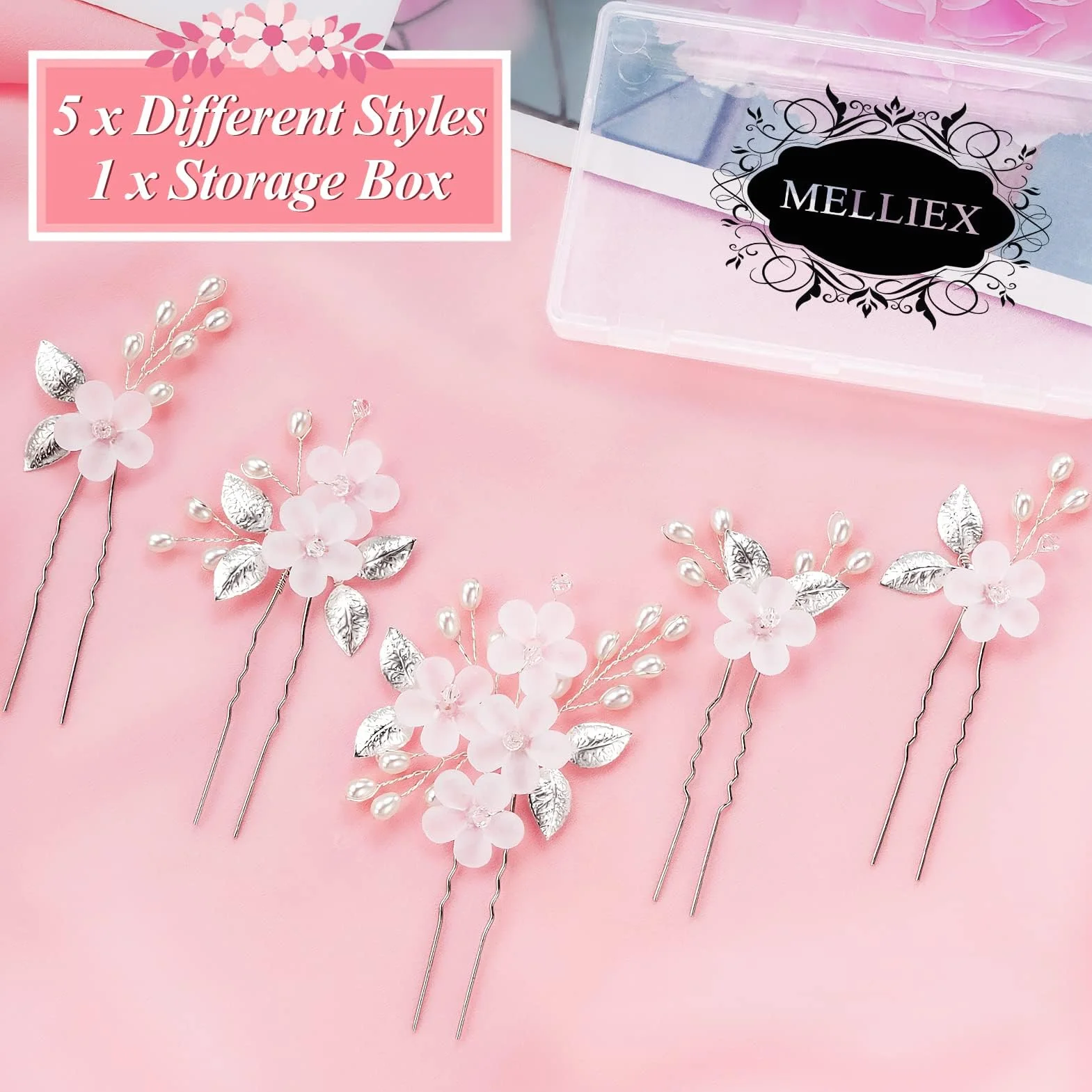 MELLIEX 5 Piezas Horquillas para el Pelo Boda Perlas Artificiales Flor Tocados Novia Accesorios Plata