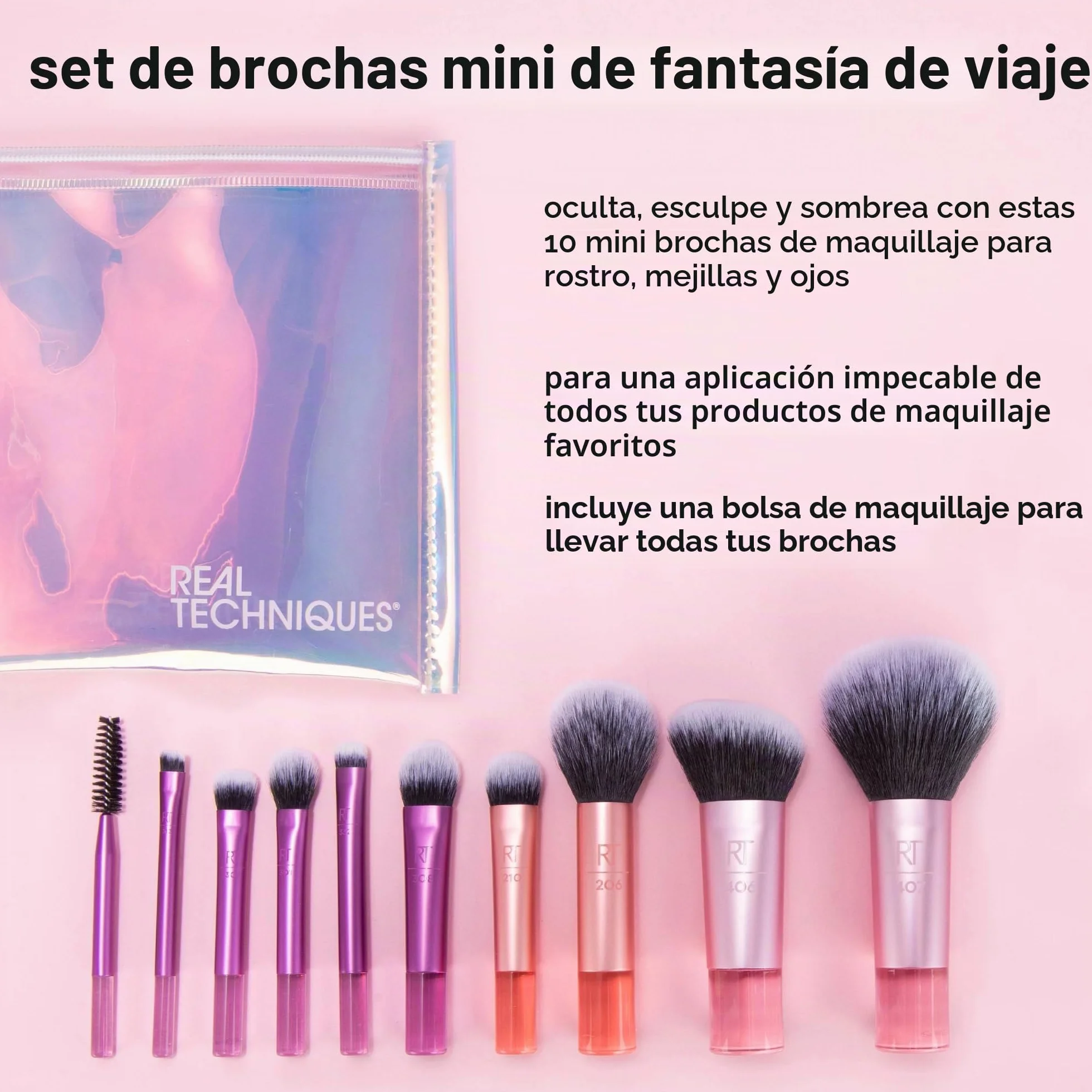 Real Techniques Kit de minibrochas Travel Fantasy, brochas maquillaje sombras ojos iluminadores, juego 11 piezas