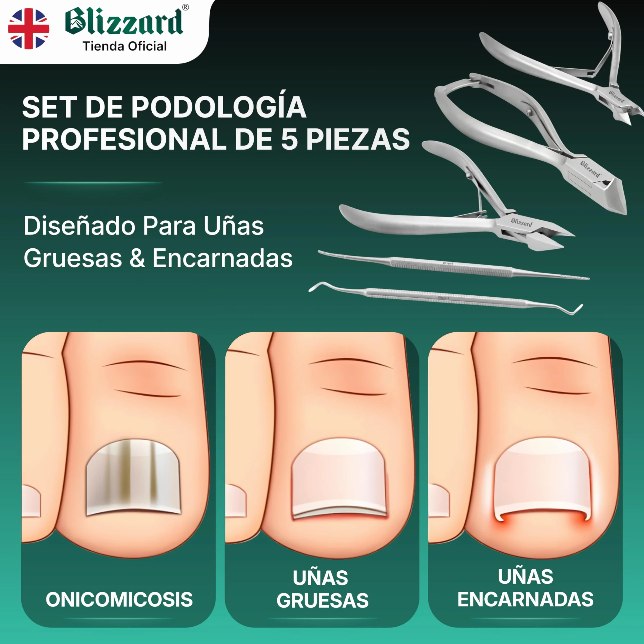 Blizzard Set de Podología Profesional 5 Piezas - Kit Pedicura para Uñas Gruesas y Encarnadas - Herramientas de Acero Inoxidable con Cortaúñas Alicates Cortacutículas Lima Elevador Podología Completo