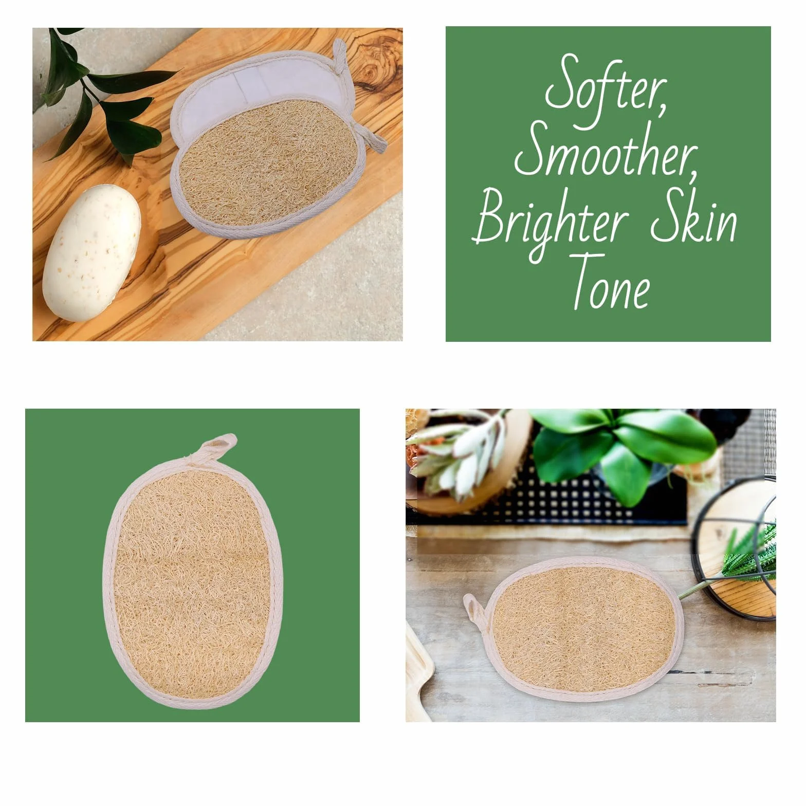 Esponjas exfoliantes de lufa natural para baño y ducha, pack de 4, 14,5 x 10 cm, respaldo de algodón