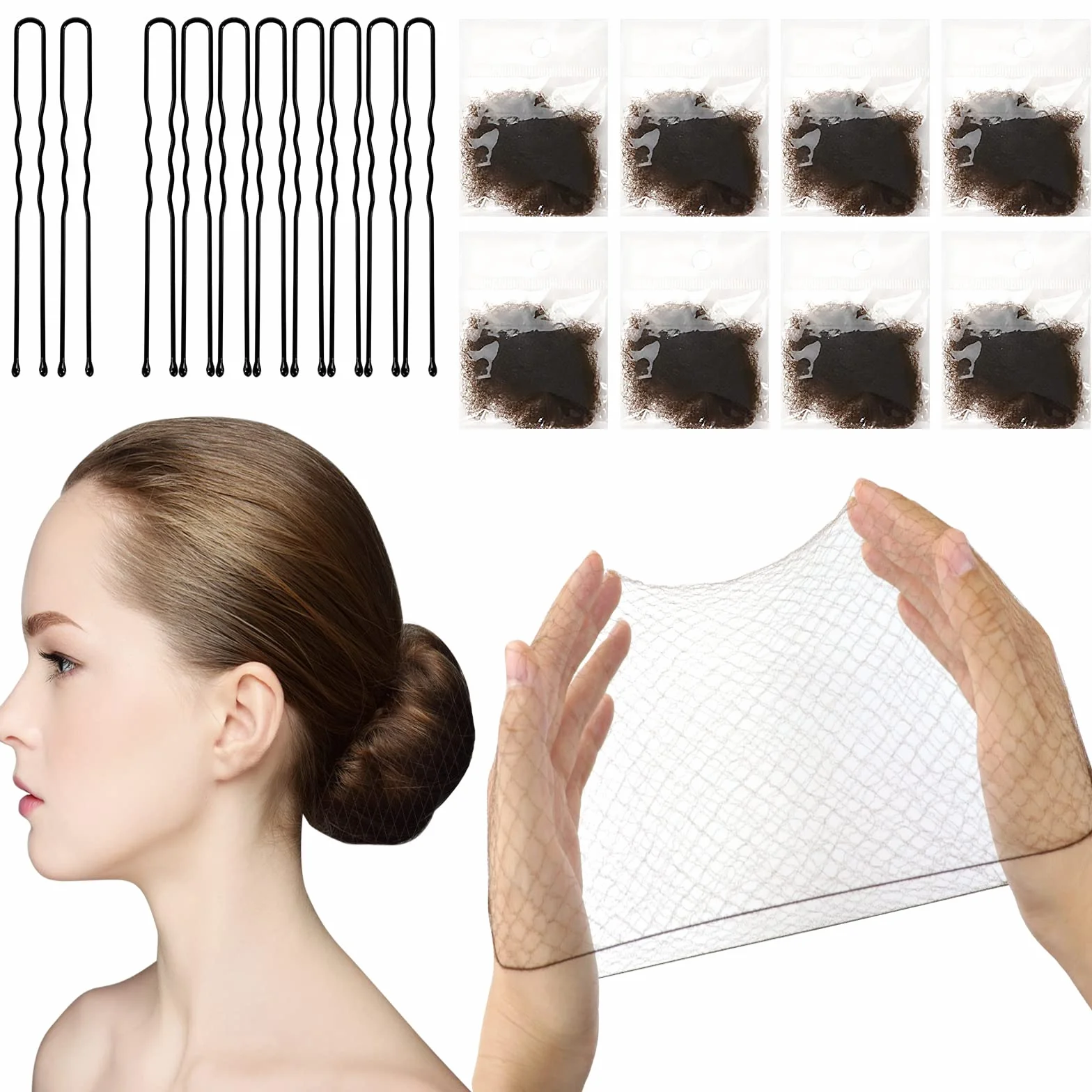 Redecillas Invisibles para Niña, 24 Redecilla Moño con 10 Piezas Negro Horquillas Pelo, Mallas Elásticas para Bollo de Pelo Bailarina
