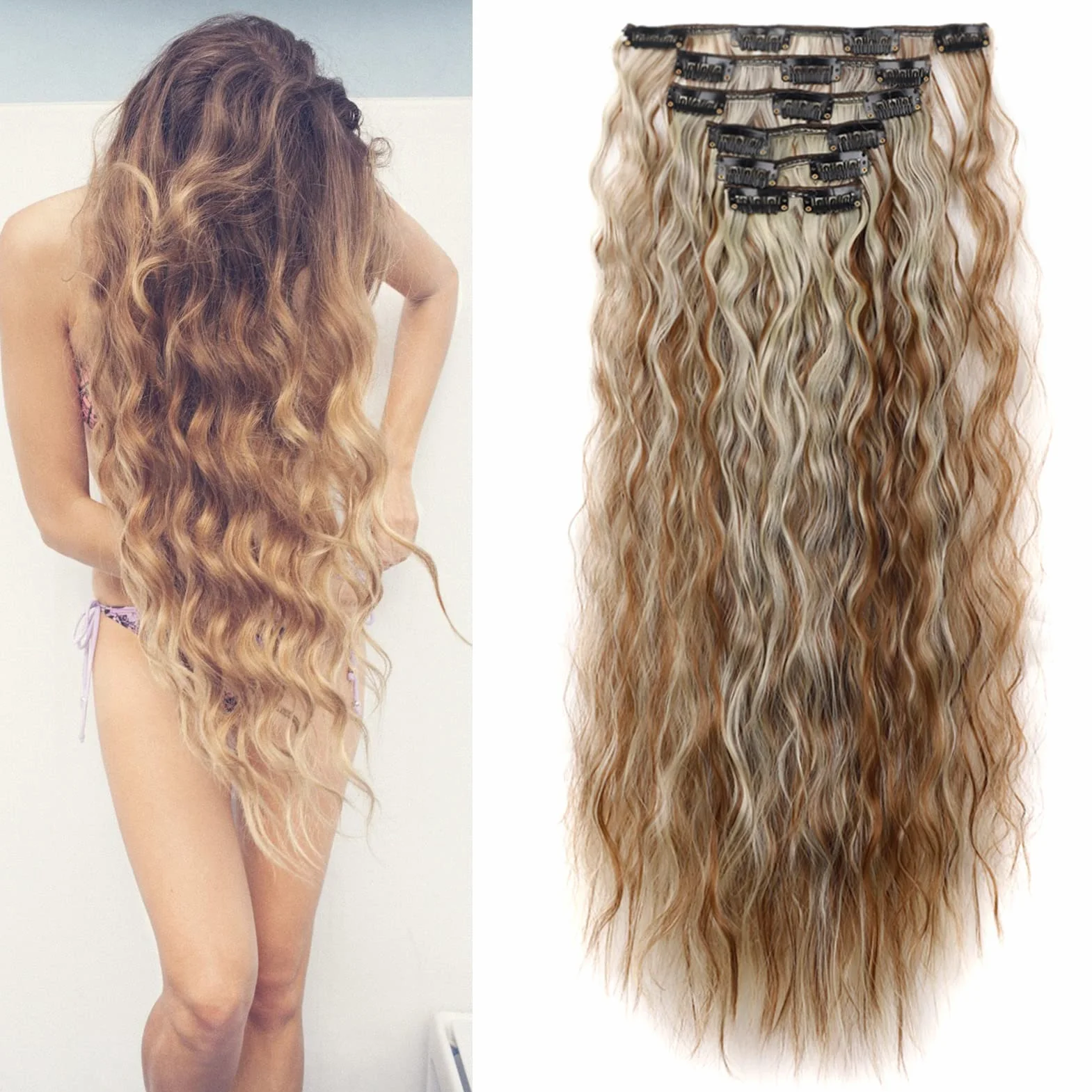 Extensiones de Pelo Rizado 50cm 6 Piezas 16 Clips Sintético Marrón y Rubio