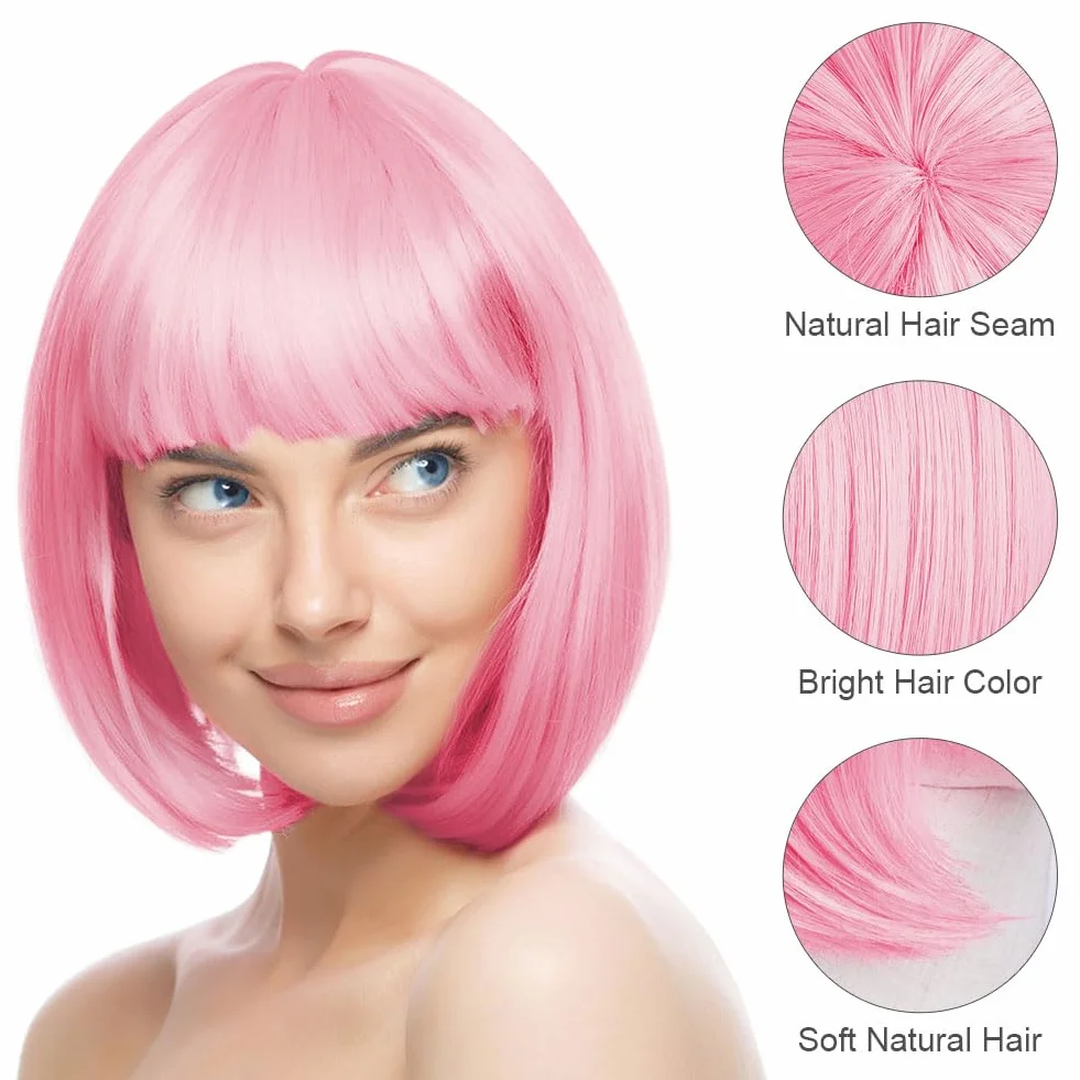 Aomig Peluca Rosa Corta Anime Cosplay con Gafas y Redecilla, Peluca Bob Sintética Neón Halloween Carnaval
