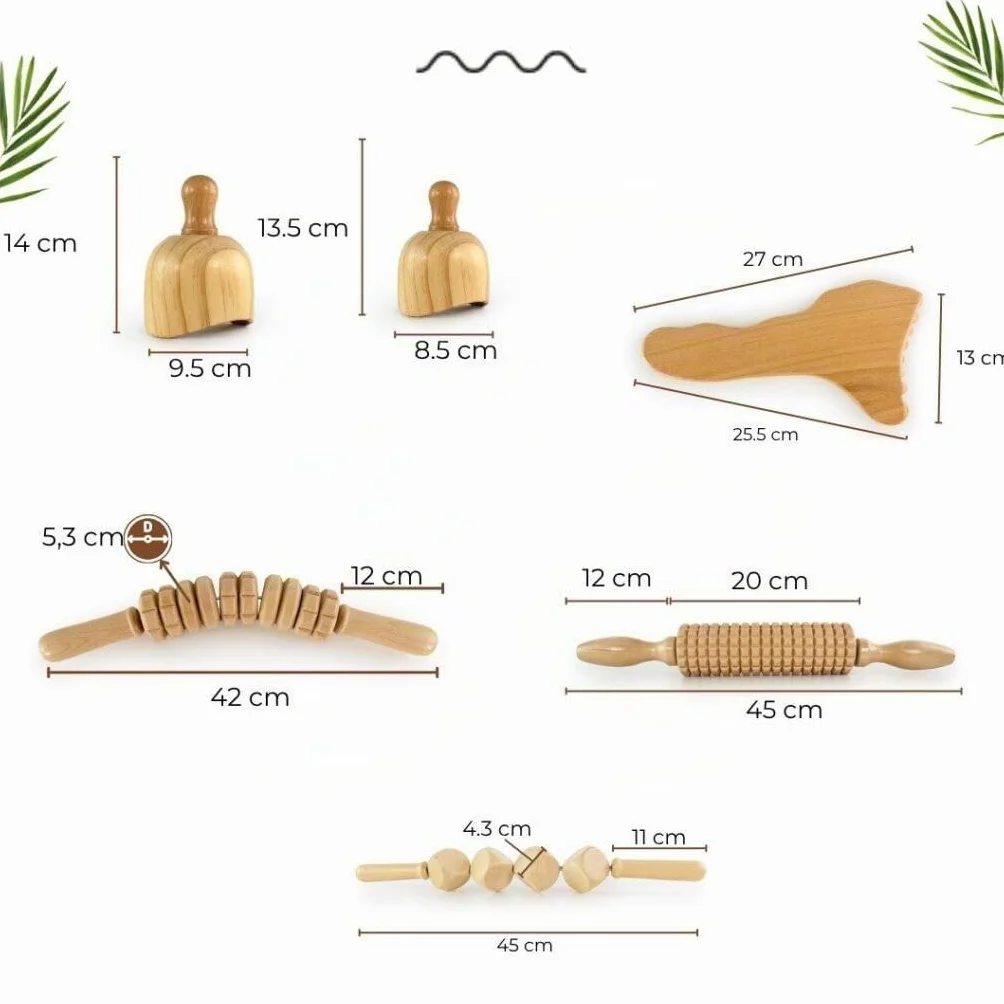 Kit Maderoterapia Anticelulítica | Kit Maderoterapia Corporal | Kit Compuesto de 6 Elementos Fabricados en Madera de Pino y Loto Natural | Diseños Exclusivos Maderoterapia Estética España