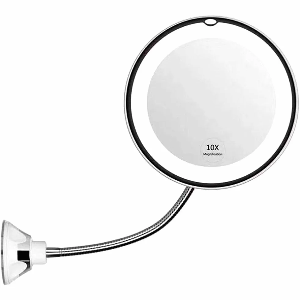 Yctze Espejo de Aumento 10X con Luz LED de Viaje, Cuello de Cisne Giratorio 360°, 14 Luces LED, Ventosa, Blanco