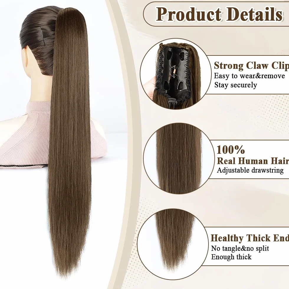 Coleta Pelo Liso Natural Con Pinza Flequillo Postizo 66cm Pelucas Mujer Ponytail Hair Extension Marrón Oscuro