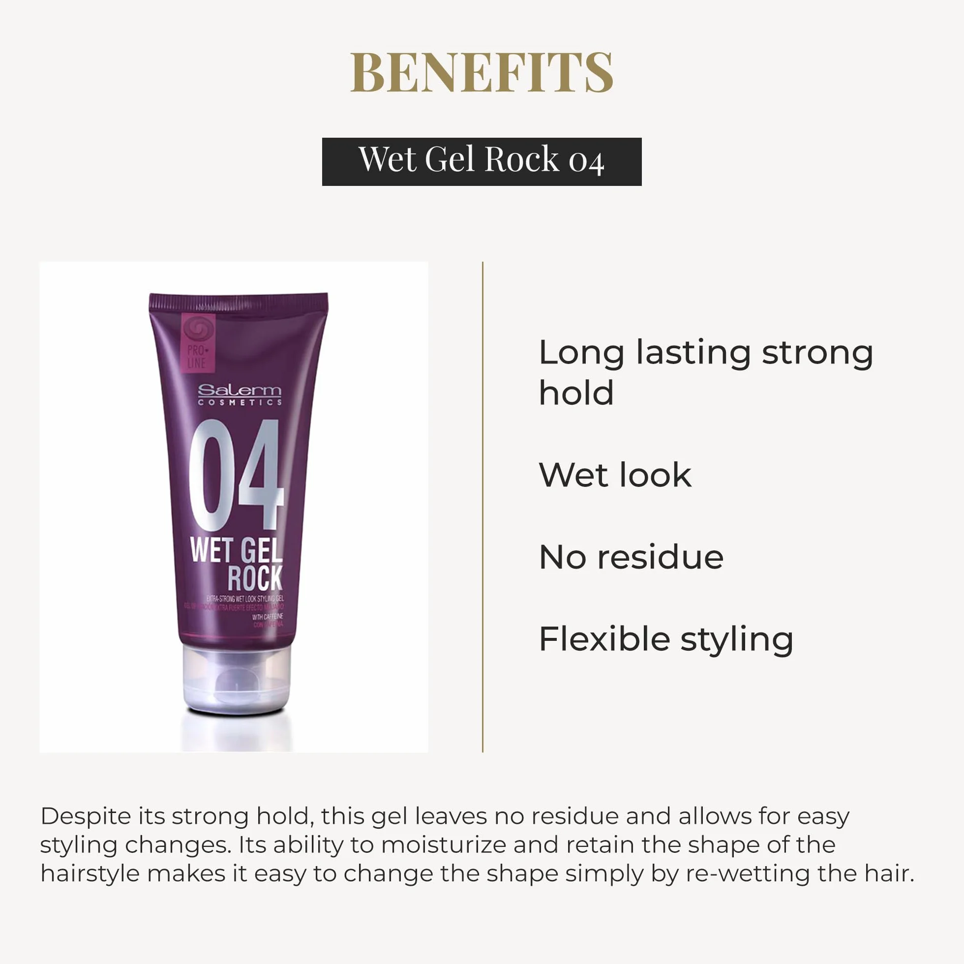 SALERM Pro Line Wet Gel Rock 04-200ml Fijador de Pelo Fijación Fuerte Efecto Mojado Cafeína Resinas Fijadoras