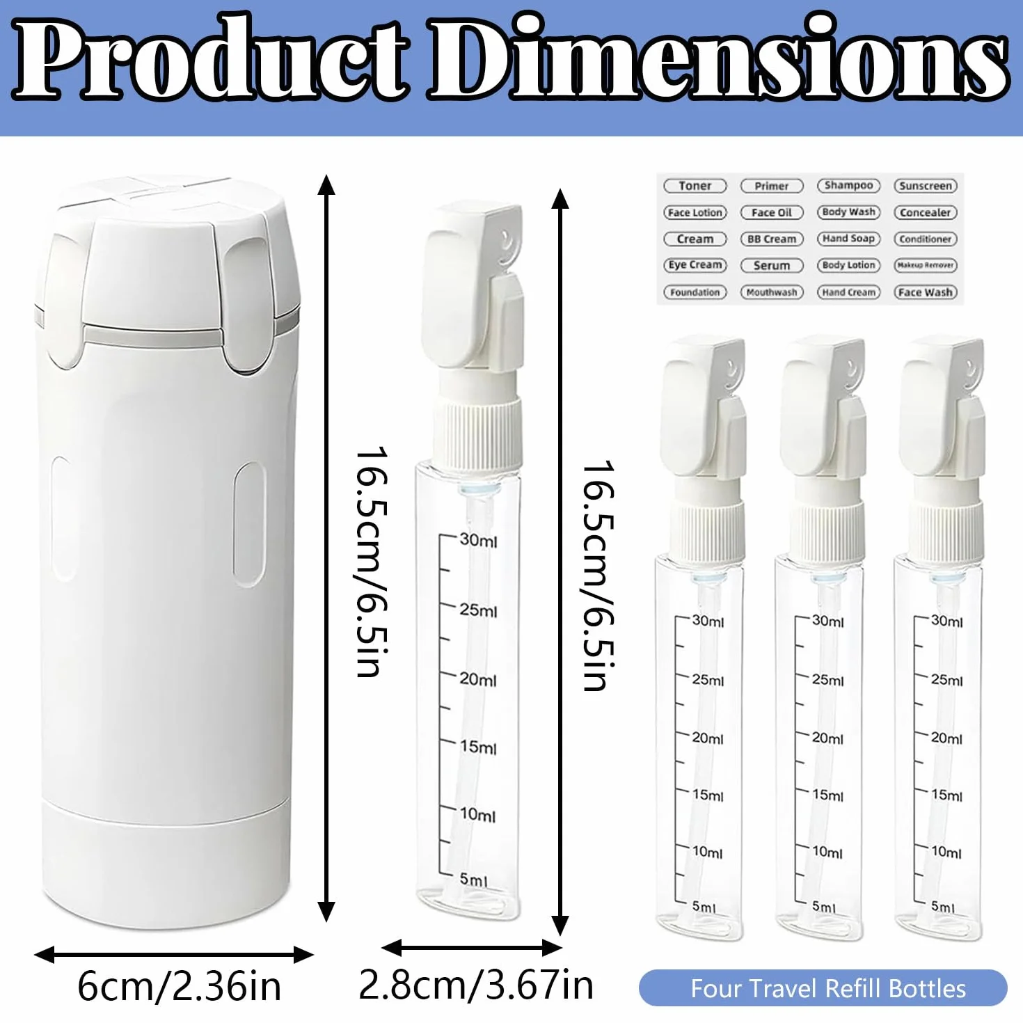 Botellas dispensadoras de Viaje Recargables 4 en 1 a Prueba de Fugas, Contenedores para champú (Blanco)
