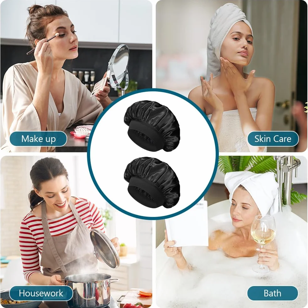 Flintronic 2 Piezas Capó de Satén de Seda, Gorro de Seda para Dormir con Banda Ancha Elástica, Negro