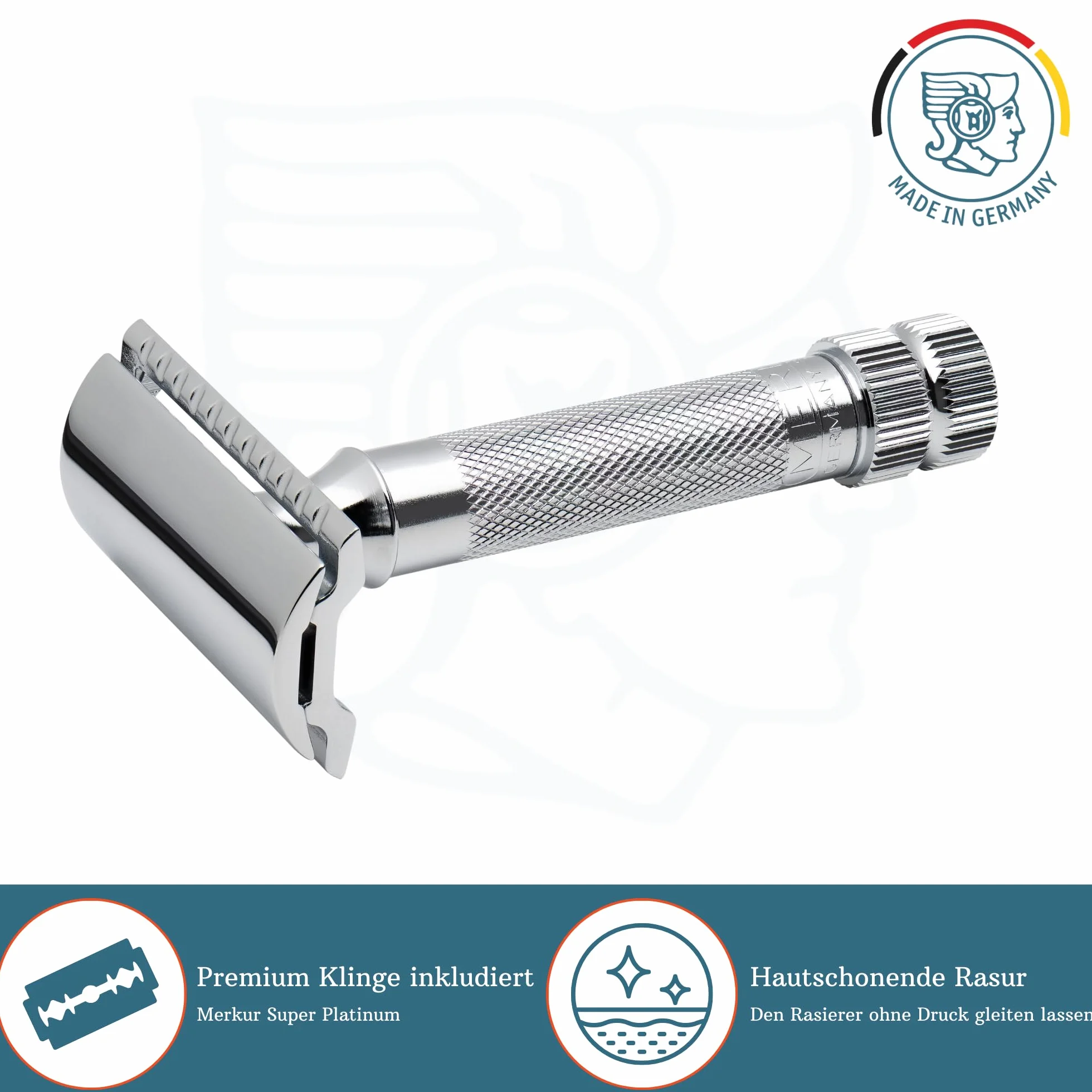 MERKUR 34C Maquinilla de afeitar de seguridad, Acabado cromado brillante, Mango corto y pesado, Diseño de dos piezas, Peine cerrado