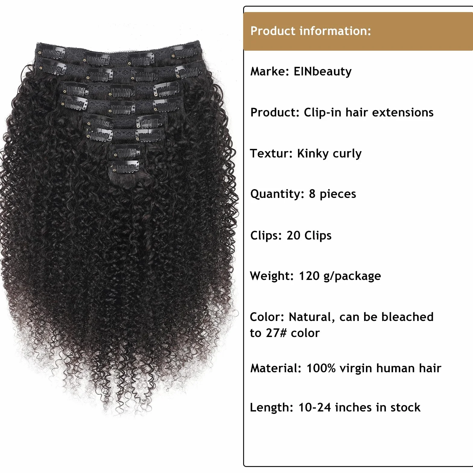 Kinky Curly Extensiones de Pelo Natural 8 Piezas 120g Clip In Invisibles Cabello Humano Negro Natural 10 Pulgadas