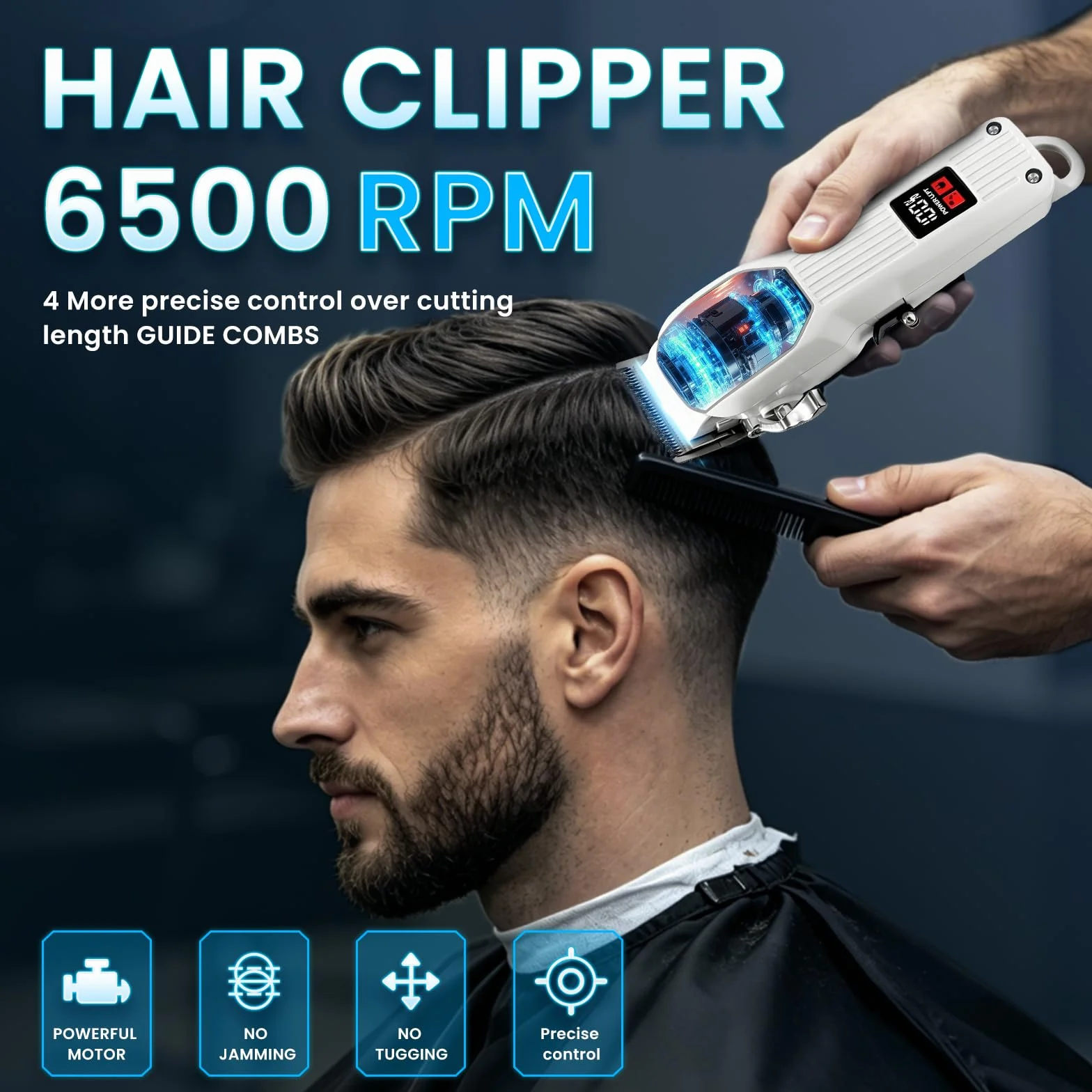 Cortapelos profesional inalámbrico recargable hombre, recortadora barba afeitadora eléctrica LCD 8 peines guía kit
