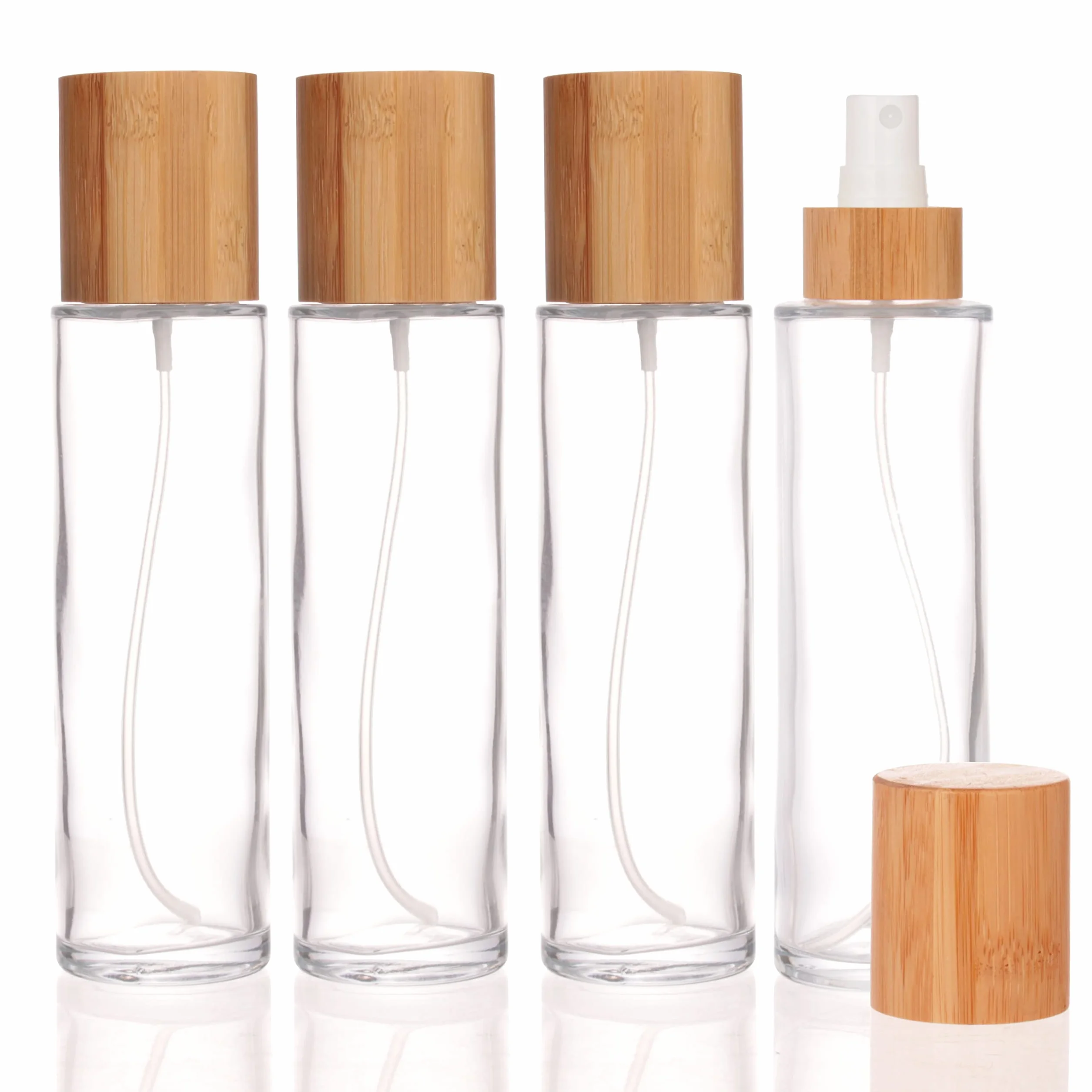 COSIDEA 4 botellas de vidrio transparente 150 ml con tapa de bambú y cabezal de niebla fina