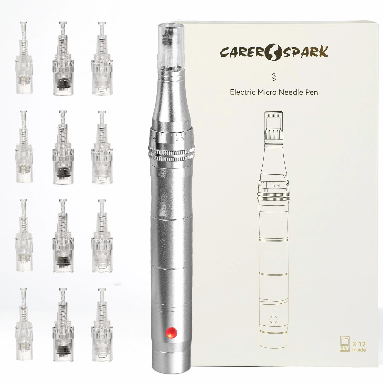 CARER SPARK Dermapen Eléctrico, Dermapen Profesional 0.25 mm-2.0 mm con 5 Niveles de Velocidad para Cuidado de la Piel Antiarrugas y Antienvejecimiento (Incluye 12 cartuchos de agujas)