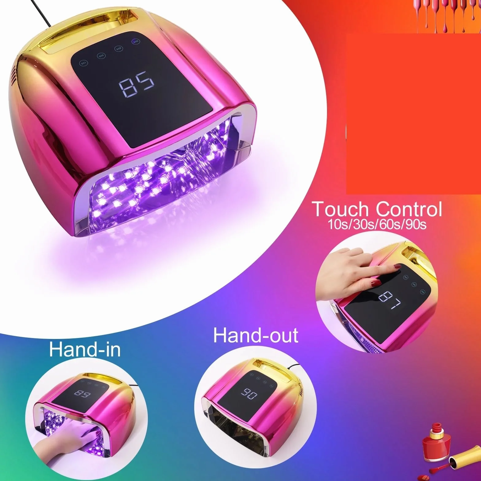 Lámpara LED para uñas, Lámpara UV for uñas de 96 W, no recargable, lámpara gel, secador LED con 4 temporizadores, sensor automático, curado rápido