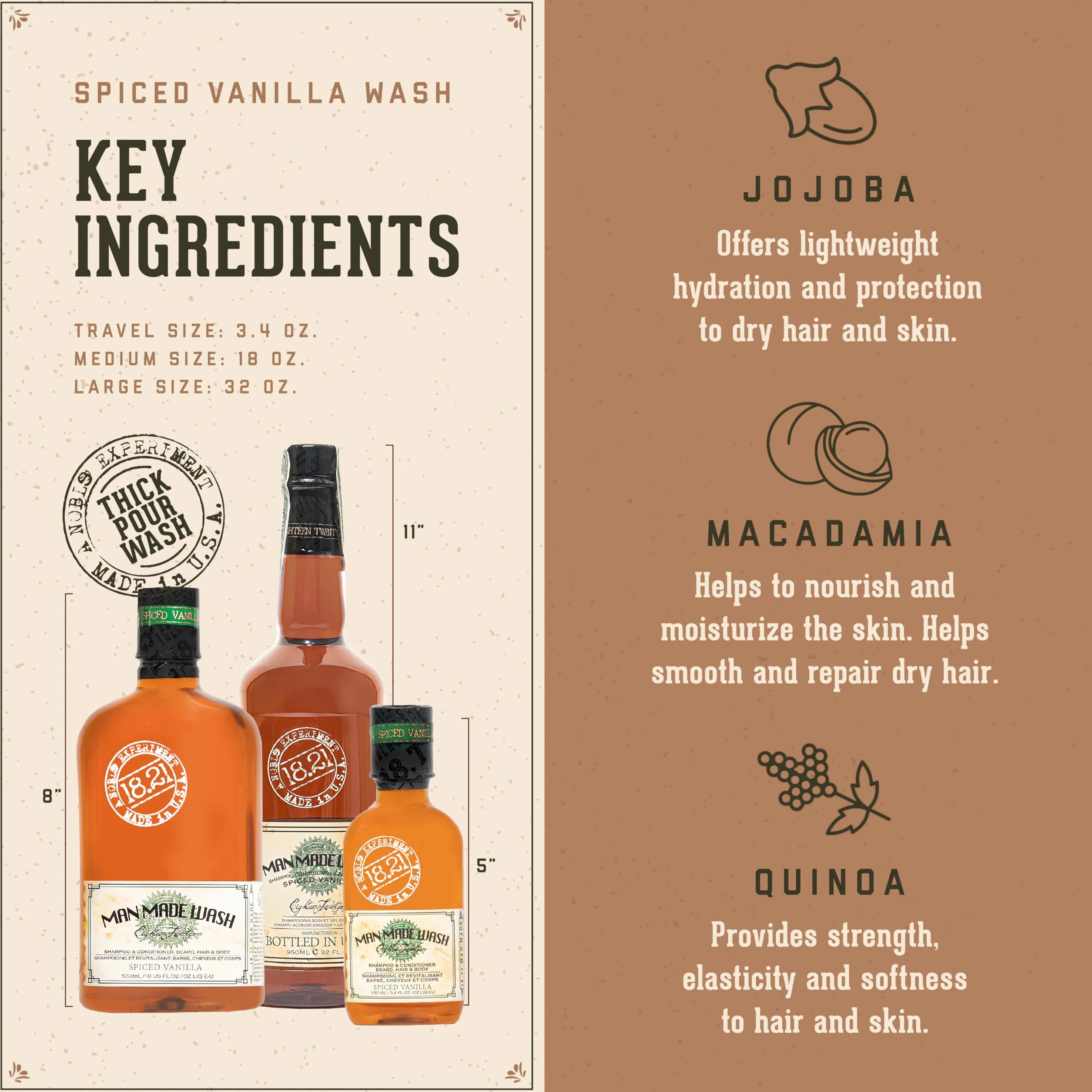 Man Made Wash - Spiced Vanilla 18.21 Man Made for Men 32 oz 3-In-1 Shampoo, Conditioner and Body Wash