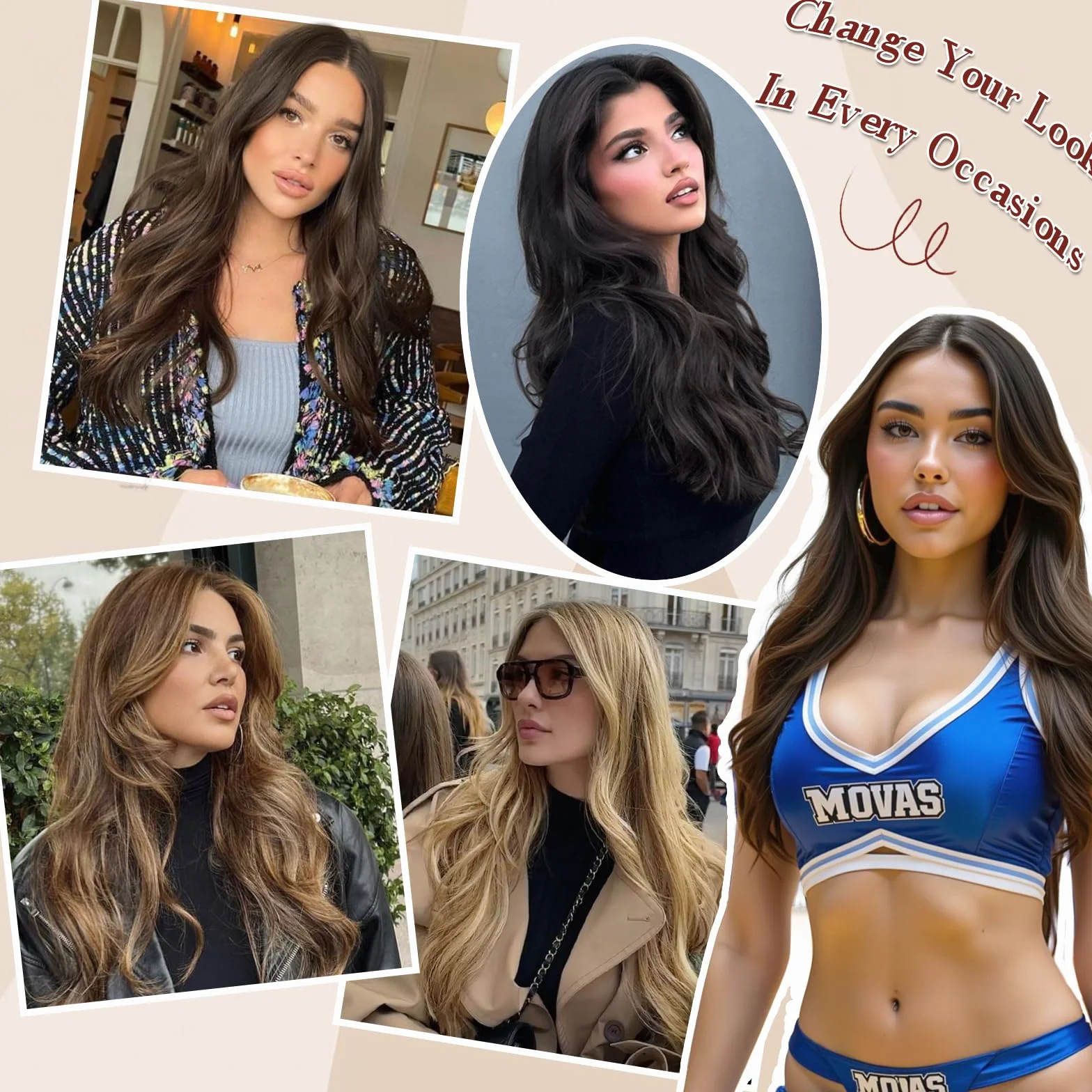 FESHFEN Extensiones de Cabello 60 cm Ondulado Rizado Natural Sintética Clip Marrón Claro Oro Mixto 4 Piezas