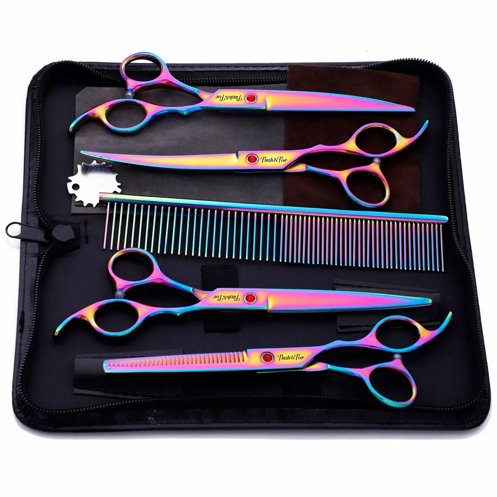 Juego de tijeras para el cuidado de mascotas de 7,0 pulgadas, 5 piezas, tijeras profesionales de peluquería, kit de herramientas para cortar el cabello con peine para salón, barbería, uso domésti
