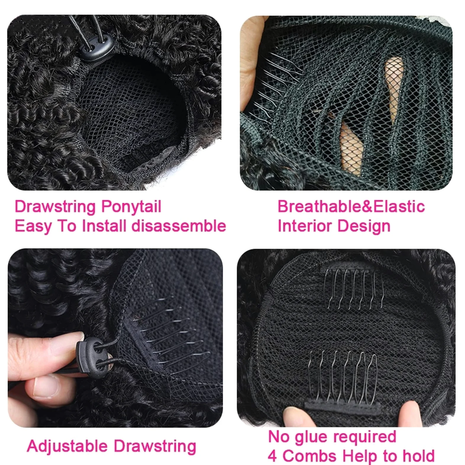 Piezas de Pelo de Moño Para mujer Cola de caballo con cordón de 10-28 pulgadas Cabello real Mongol Negro Rizado Cola de caballo Extensión del cabello Horquilla Peluca de cola de caballo Bollo de pelo