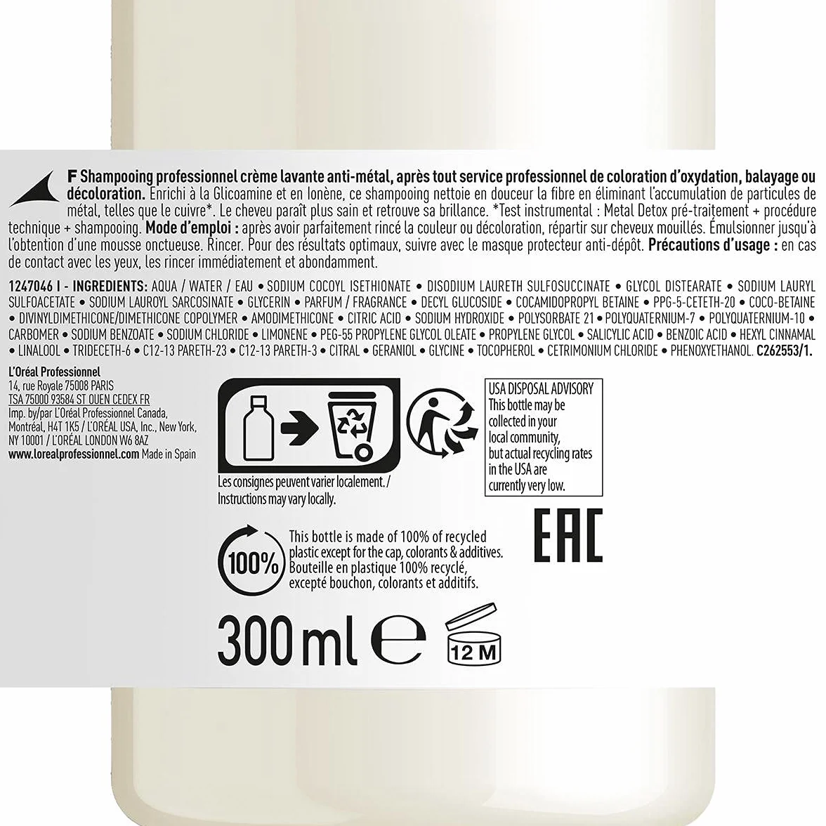 L'Oréal Professionnel Metal Detox Champú Sin Sulfatos 300 ml para Cabello Dañado