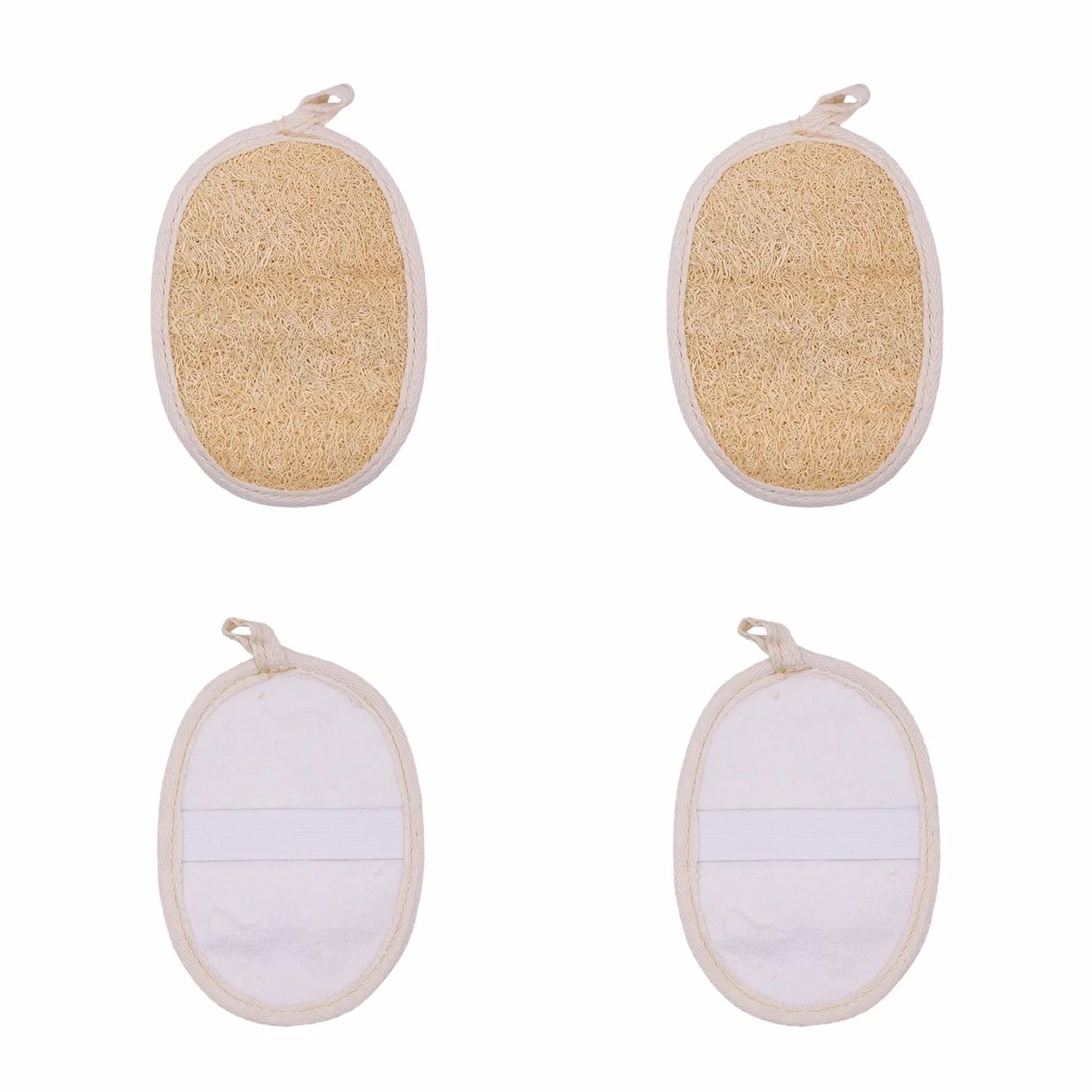 Esponjas exfoliantes de lufa natural para baño y ducha, pack de 4, 14,5 x 10 cm, respaldo de algodón
