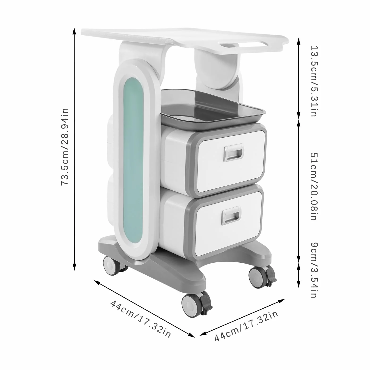 Carro de cosméticos médico con 2 cajones, 44 x 44 x 73,5 cm, con 4 ruedas universales silenciosas para laboratorio, clínica, hospital, salón, color blanco