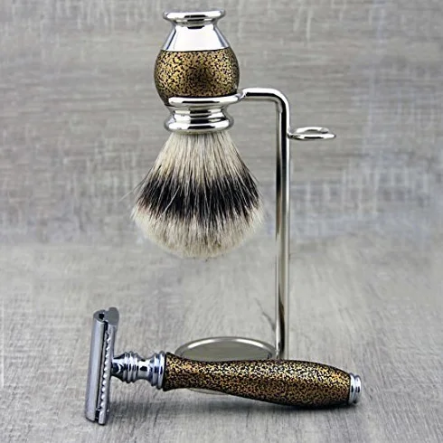 Juego de 3 cuchillas de afeitar prémium para hombre con brocha de afeitar de punta plateada y superficie de afeitado + soporte doble, perfecto para el uso diario, aspecto vintage