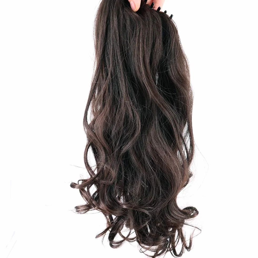 Extensiones de Pelo Rizadas Coleta Postiza Clip in Hair Natural Largo Marrón Medio