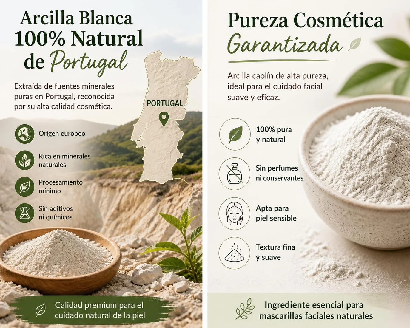 Arcilla Blanca Caolín 100% Natural de Portugal (250g) – Polvo Cosmético para Cuidado de la Piel