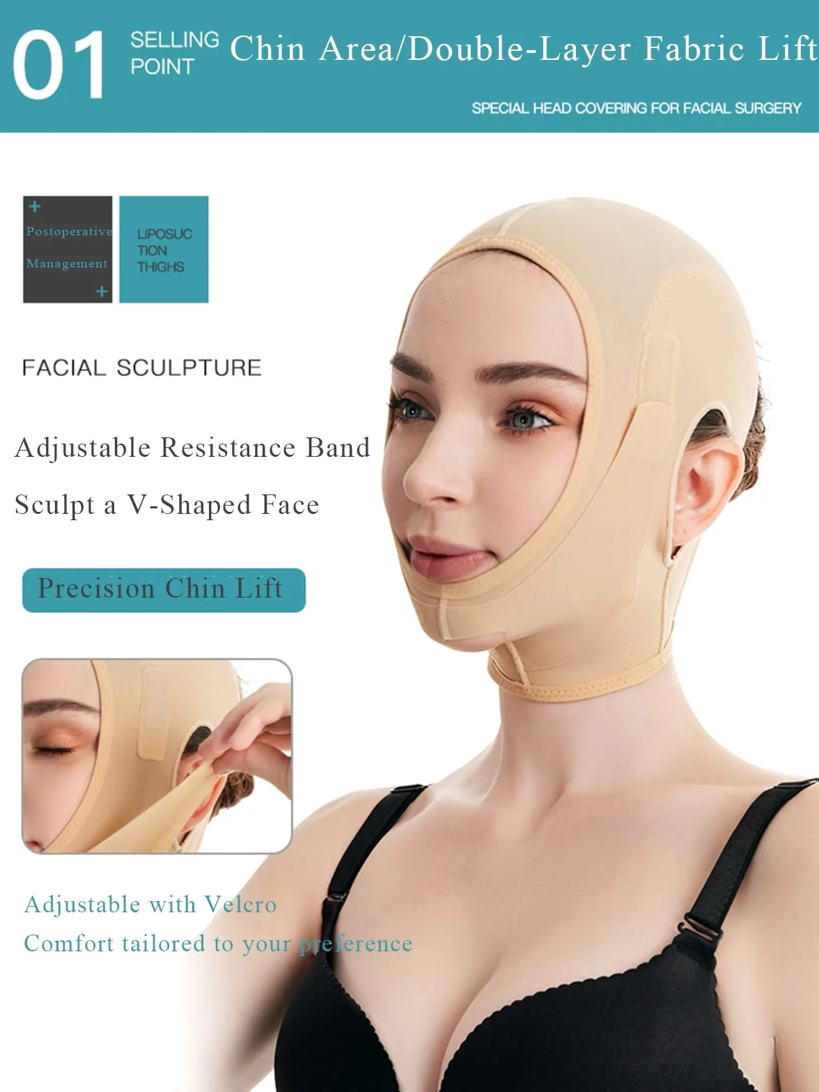 Fajas faciales tonificadoras, mentonera Adelgazante, Prenda de compresión Post-lipo, máscara Post-Lifting V-Line, cinturón Facial (Beige, Negro) (Color Piel, pequeño)
