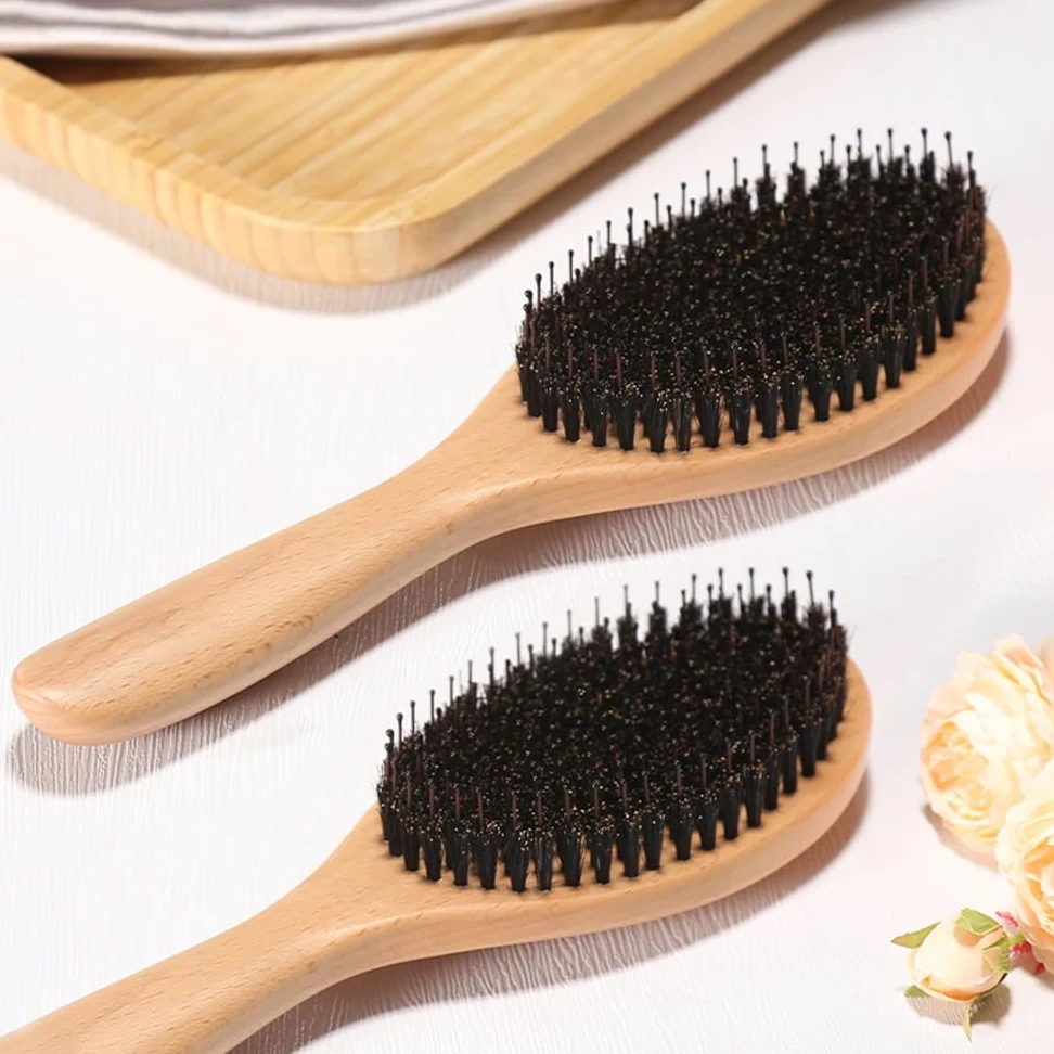 Cepillo de pelo de cerdas de jabalí, cerdas naturales suaves para cabello fino y fino, restaura el brillo y la textura
