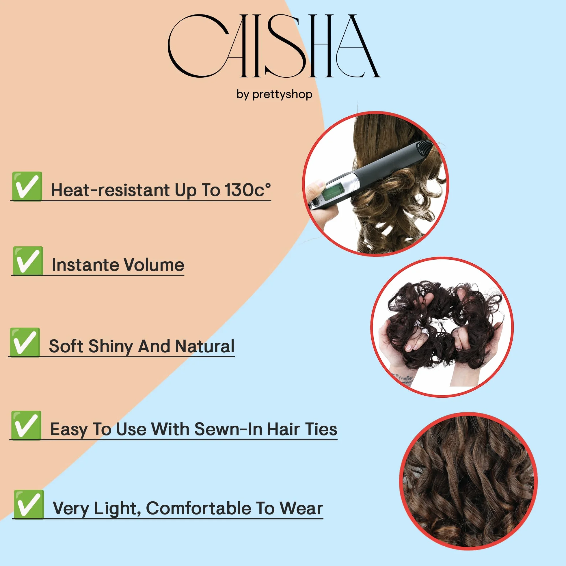 CAISHA XL Postizo Coletero Lazo Para El Pelo Voluminoso Ondulado Cabello Sintético Mezcla Marrón