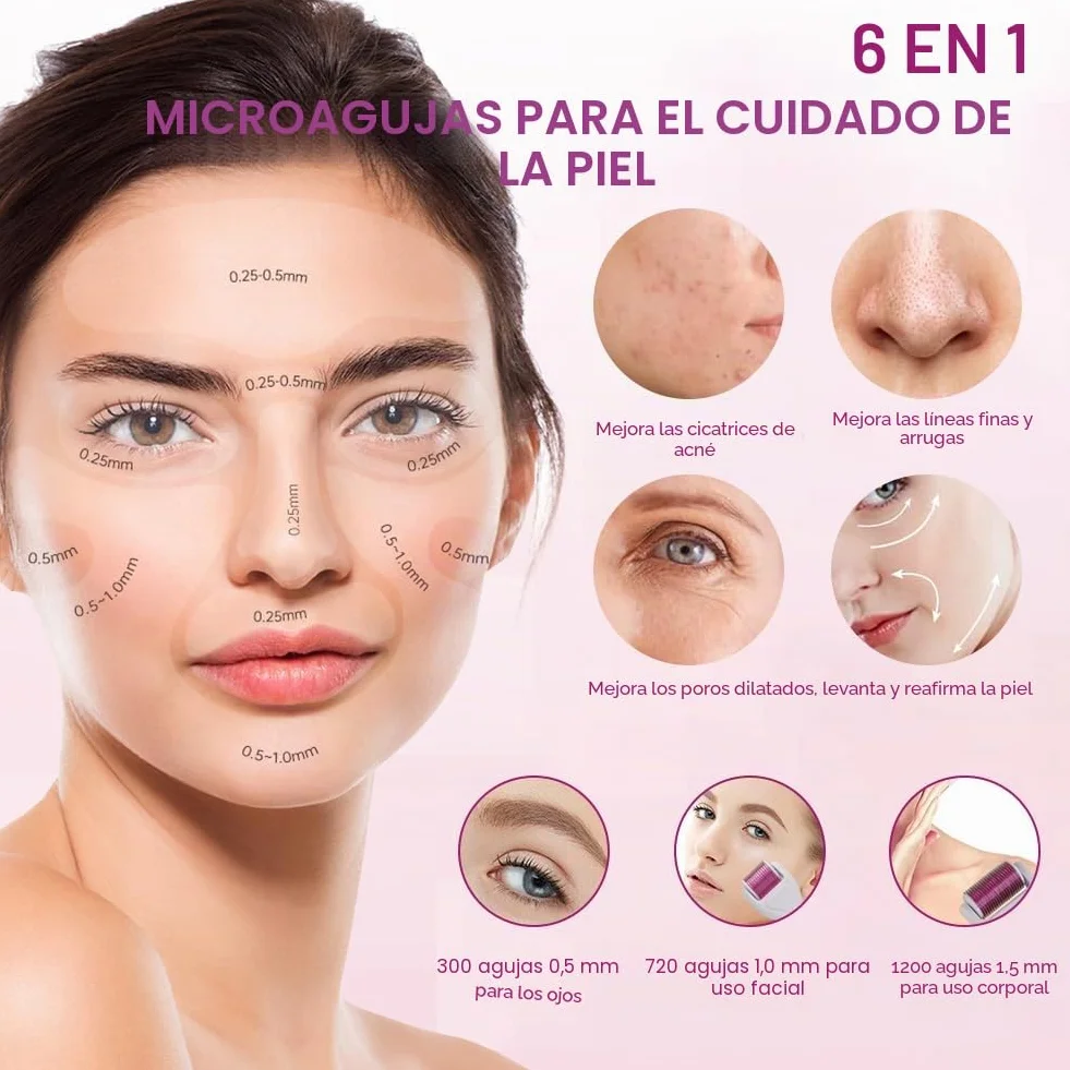 Derma Roller 6 en 1 Microneedle Roller 0.5mm+1mm+1.5mm para Cara y Cuerpo Microneedling Anti-Edad