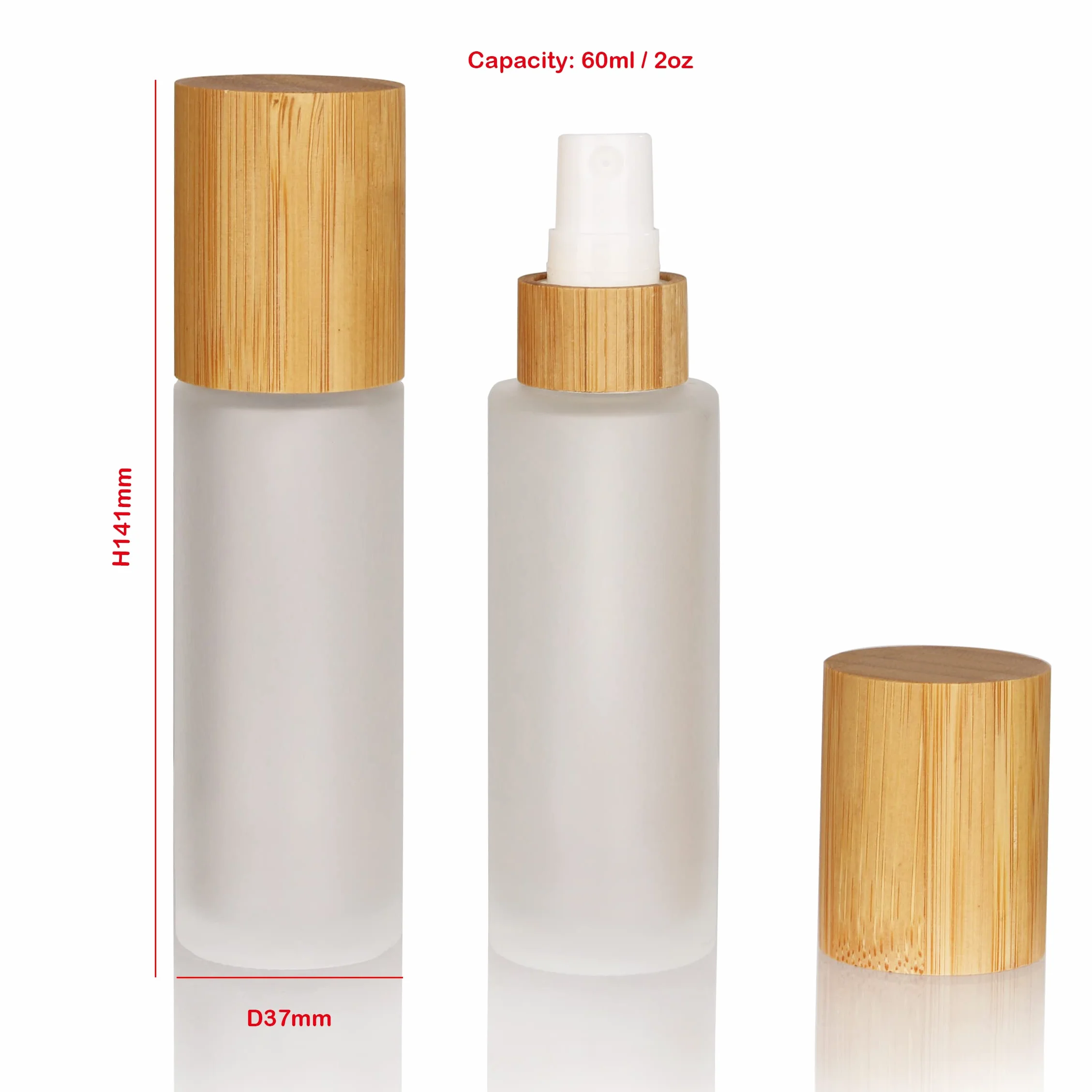 Botellas vacías de vidrio esmerilado 60 ml 2 oz con tapa de bambú y cabezal dispensador de niebla fina para perfume