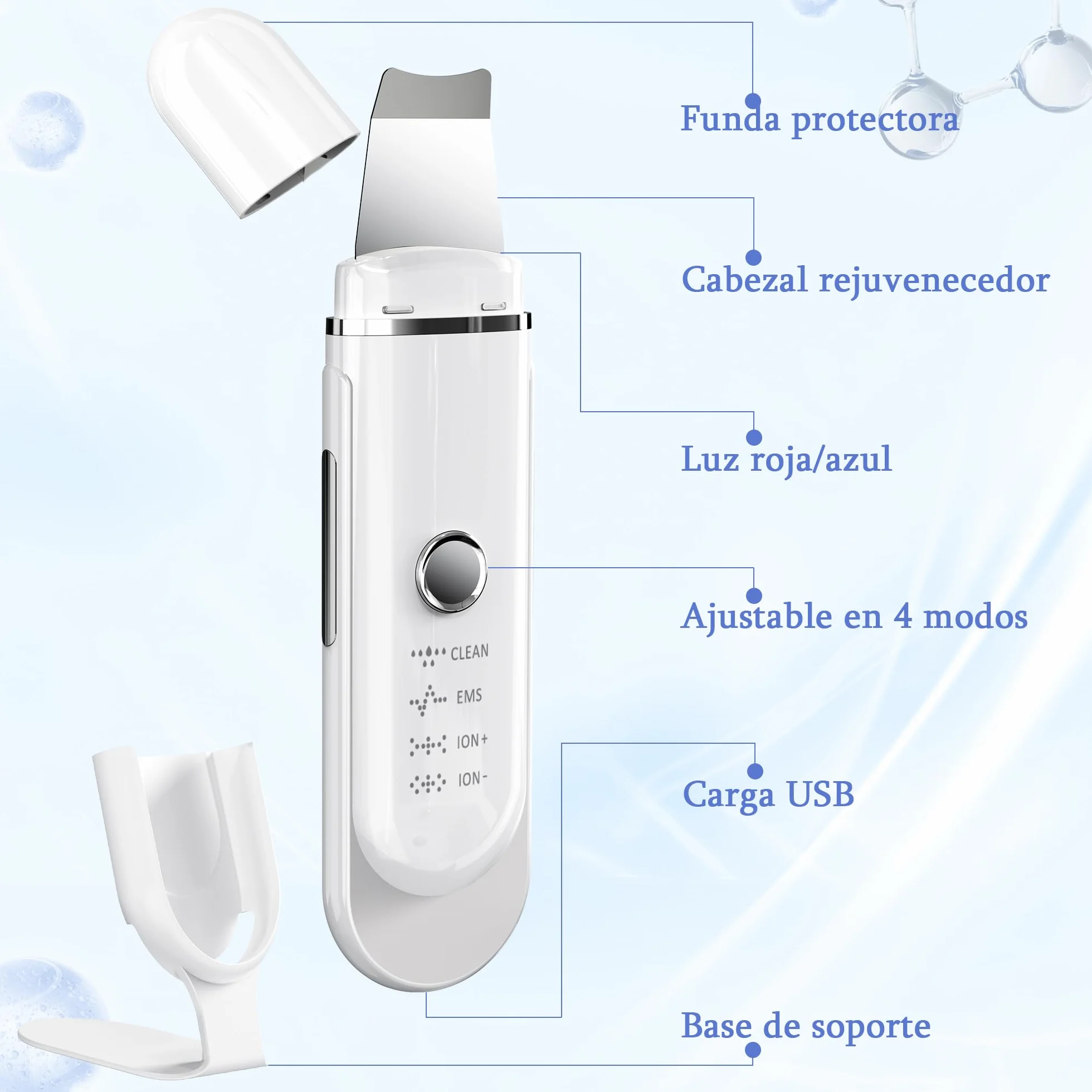Peeling Ultrasónico Facial con 4 Modos y Luz Azul Roja, Limpiador de Ultrasonidos