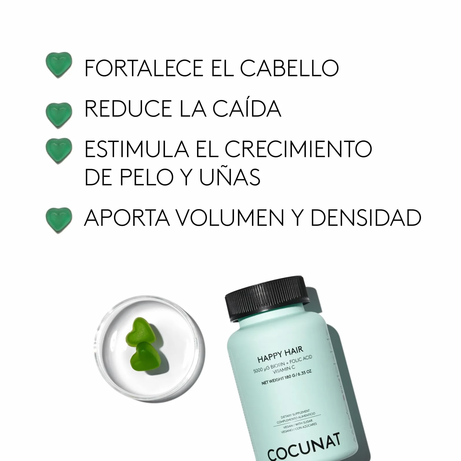 COCUNAT - Happy Hair | Vitaminas para el cabello | Previene la Caída del Cabello | Fortalece y Estimula el Crecimiento | Biotina | Resultados en 6 Semanas | 60 uds