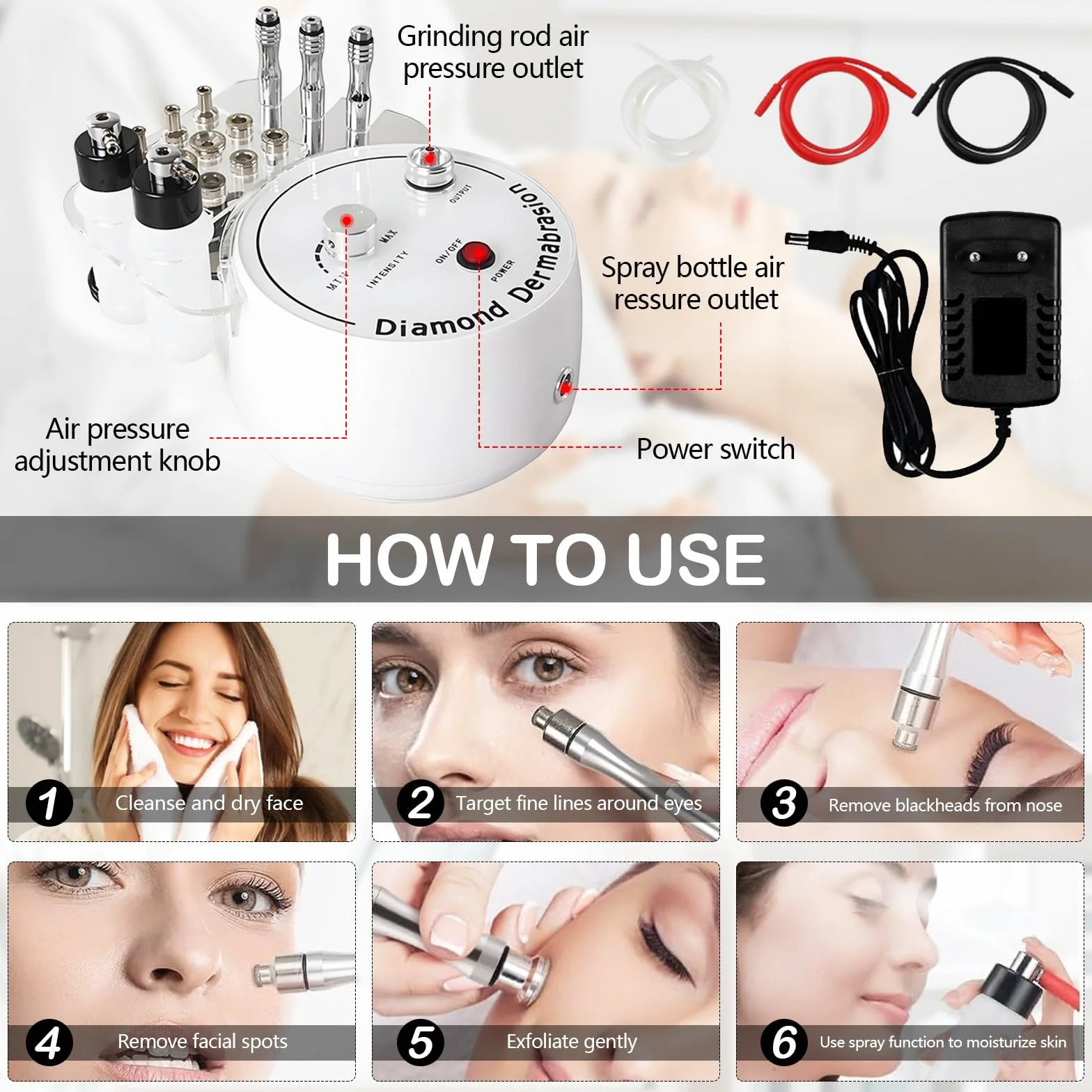 Máquina de Microdermoabrasión de Diamante 3 en 1, Hydrafacial Profesional con Tubo de Vacío y Pulverizador para Cuidado Facial