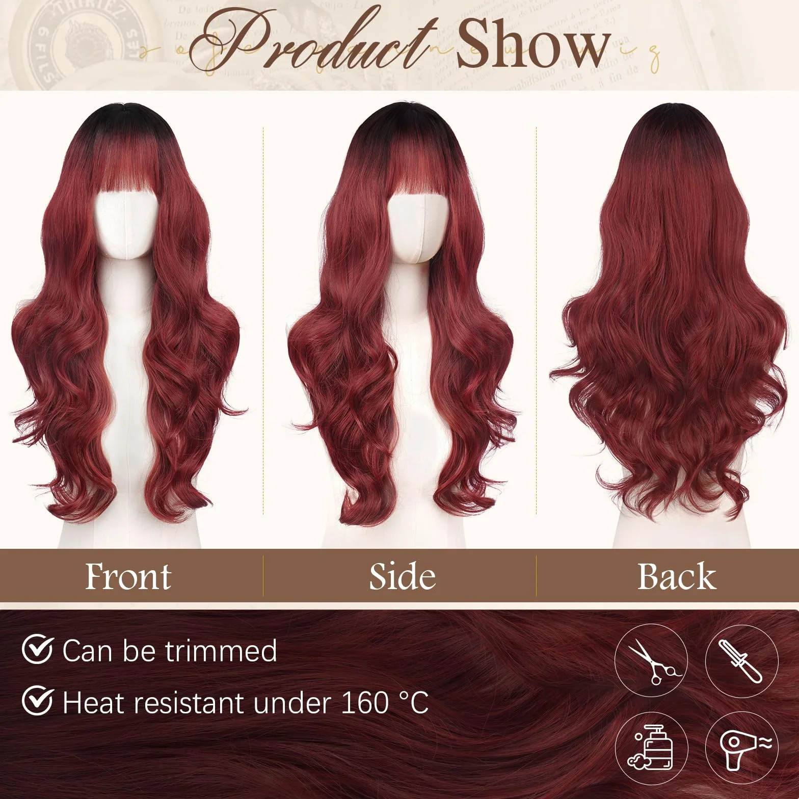 Sofeiyan Peluca Larga Ondulada 60 cm Negro Degradado Burdeos Resistentes al Calor con Flequillo para Mujer Cabello Sintético