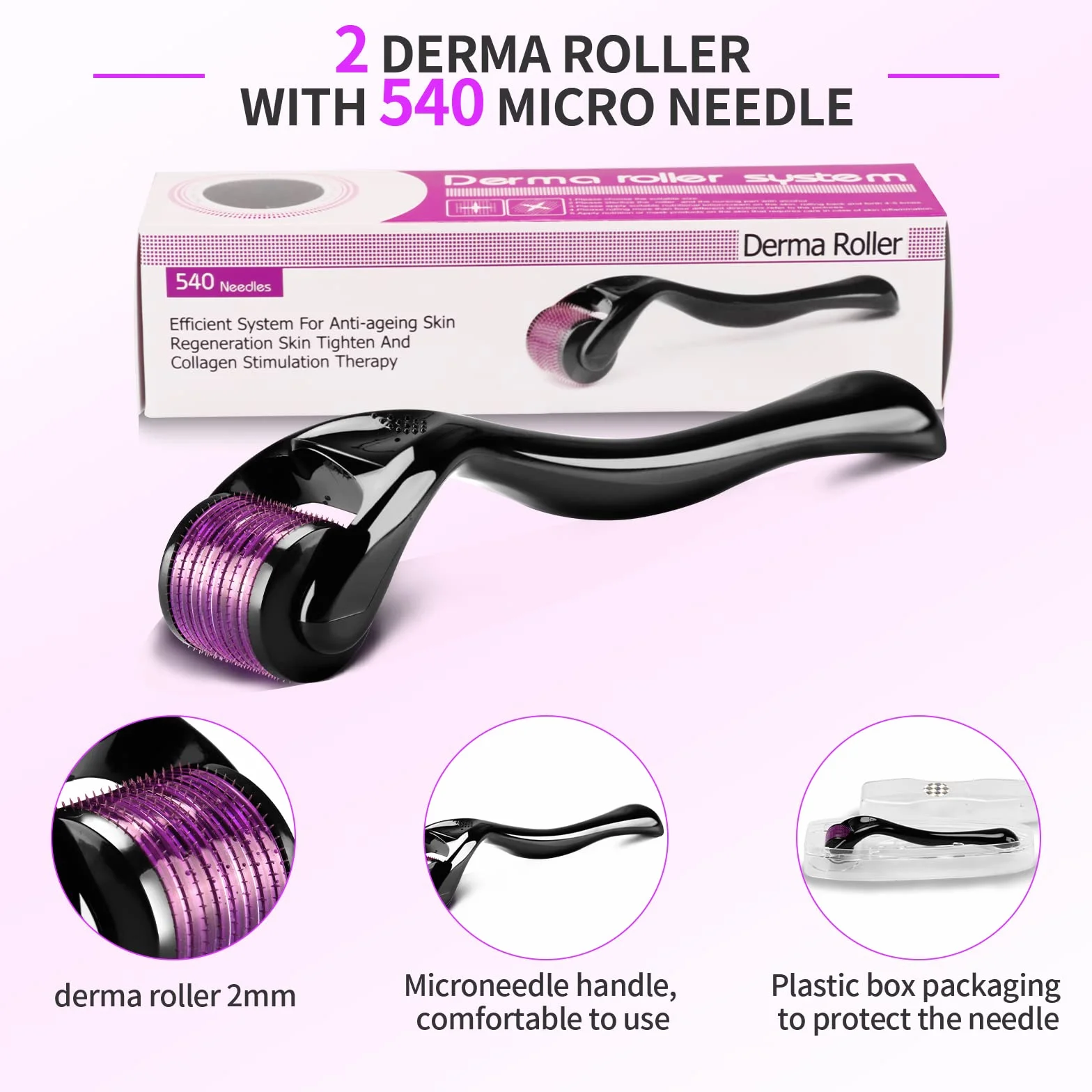 Derma Roller 2mm 540 Titanio Microneedle Roller Rejuvenecimiento Facial Anti-arrugas