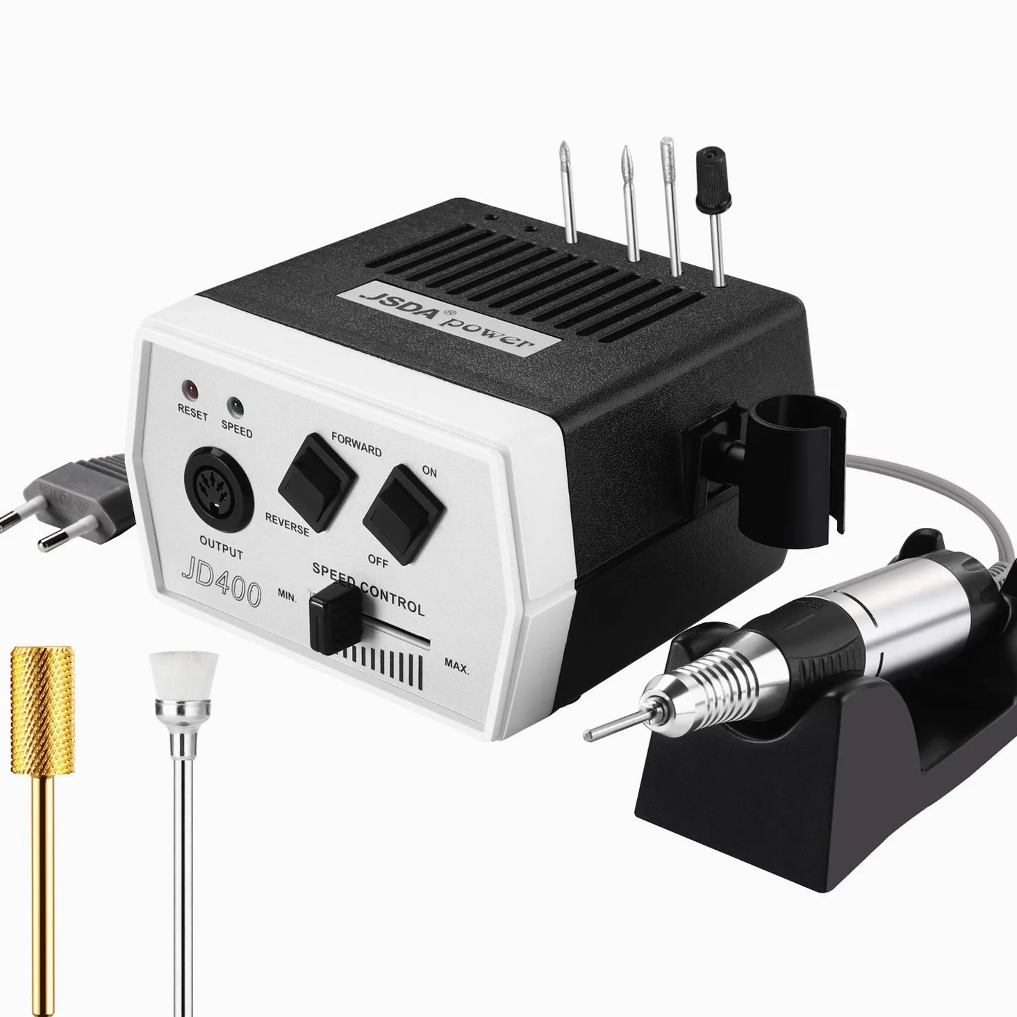 JSDA Torno para uñas profesional,lima electrica uñas, 30000 RPM, fresa de carburo de tungsteno, potente, silencioso, baja vibración, Incl. cuatro brocas y un broca de carburo premium